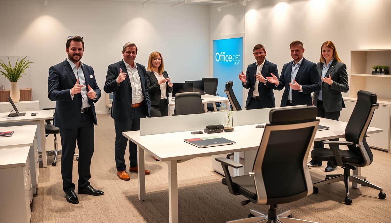 A group of office furniture experts, dressed in professional attire, are showcasing the latest designs from the Office Seat brand. The scene is set in a bright, modern showroom with minimalist decor and clean lines. The experts stand confidently, gesturing towards sleek, ergonomic desks and chairs, their expressions exuding expertise and passion for their craft. Soft, diffused lighting casts a warm glow, highlighting the sophisticated materials and finishes of the furniture. The overall atmosphere conveys a sense of authority, quality, and the brand's commitment to providing the best office solutions.