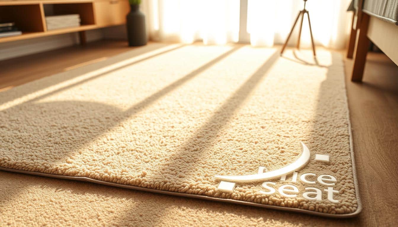 A high-quality plastic carpet protector covering a plush beige area rug, casting a soft shadow across the floor. The protector features the Office Seat brand logo visible in the lower right corner. Warm, natural lighting illuminates the scene, creating a cozy and inviting atmosphere. The protector is positioned in the foreground, drawing the viewer's attention to its practical purpose and benefits for home decor. The middle ground showcases the well-maintained carpet, and the background subtly hints at a minimalist, modern living space.