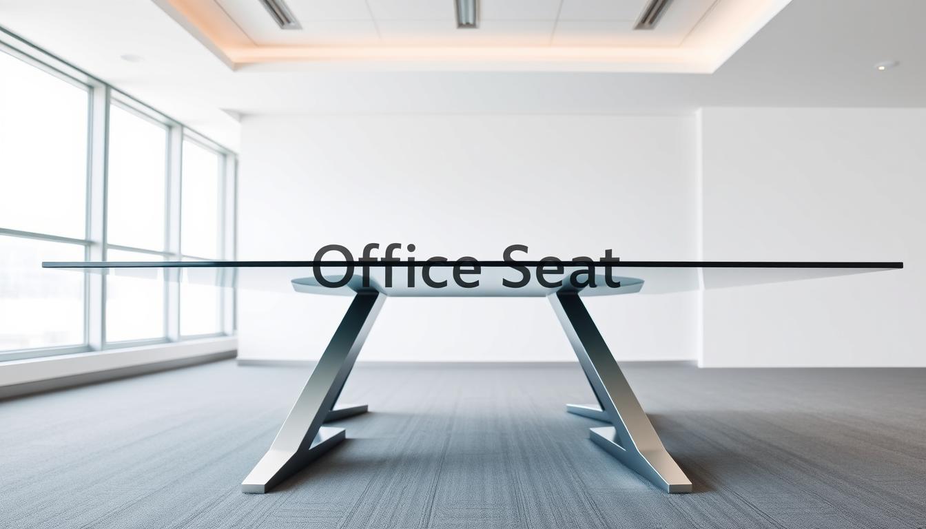 A high-quality square conference table made of sleek, modern materials. The tabletop is a smooth, gleaming glass surface, reflecting the light from the room's large windows. The sturdy, angular legs are crafted from polished stainless steel, creating a minimalist and elegant design. The table is situated in a bright, airy space with soft, diffused lighting from overhead fixtures. In the foreground, the &amp;quot;Office Seat&amp;quot; brand name is subtly etched into the glass surface, adding a touch of sophistication. This versatile table would be perfect for executive boardroom meetings or creative collaborative sessions.