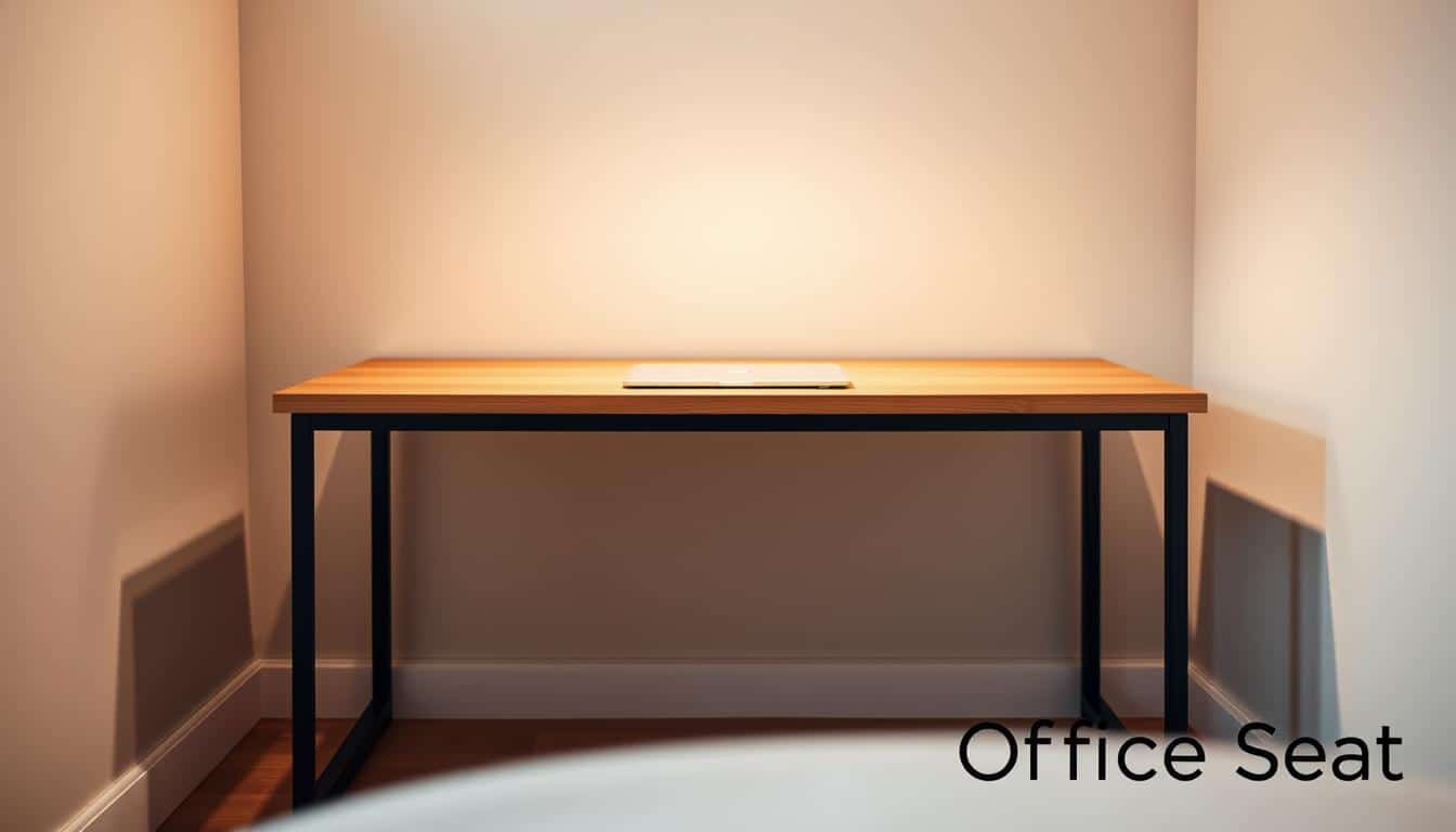 A minimalist, compact desk for a small bedroom, crafted with clean lines and a modern aesthetic. Sleek, wooden surface in a warm, natural tone, complemented by a minimalist black metal frame. Diffused overhead lighting casts a soft, ambient glow, creating a serene and productive work environment. The desk is positioned in the foreground, with a blurred, neutral background that allows the focus to remain on the workspace. Subtle branding "Office Seat" is visible as a discreet shadow text in the corner. This desk is the perfect solution for maximizing limited space while maintaining a stylish and functional home office.
