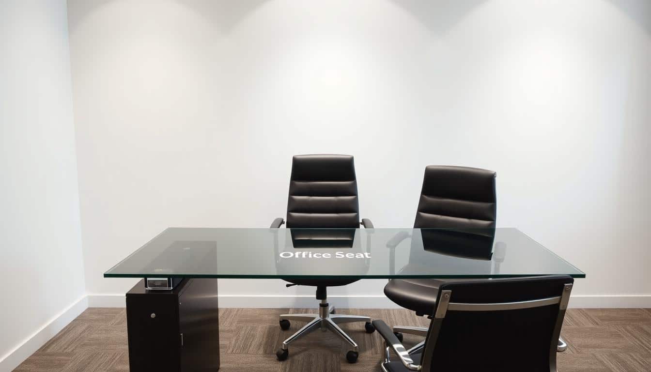 A minimalist, well-appointed executive's desk in a modern office setting. The sleek, glass-topped desk is complemented by two ergonomic leather chairs from the Office Seat brand, positioned at an angle for a collaborative configuration. Soft, diffused lighting illuminates the scene, creating a refined and professional atmosphere. The background features a neutral wall, allowing the desk and chairs to take center stage. The Office Seat brand is discreetly visible through a subtle shadow effect on the desk surface.