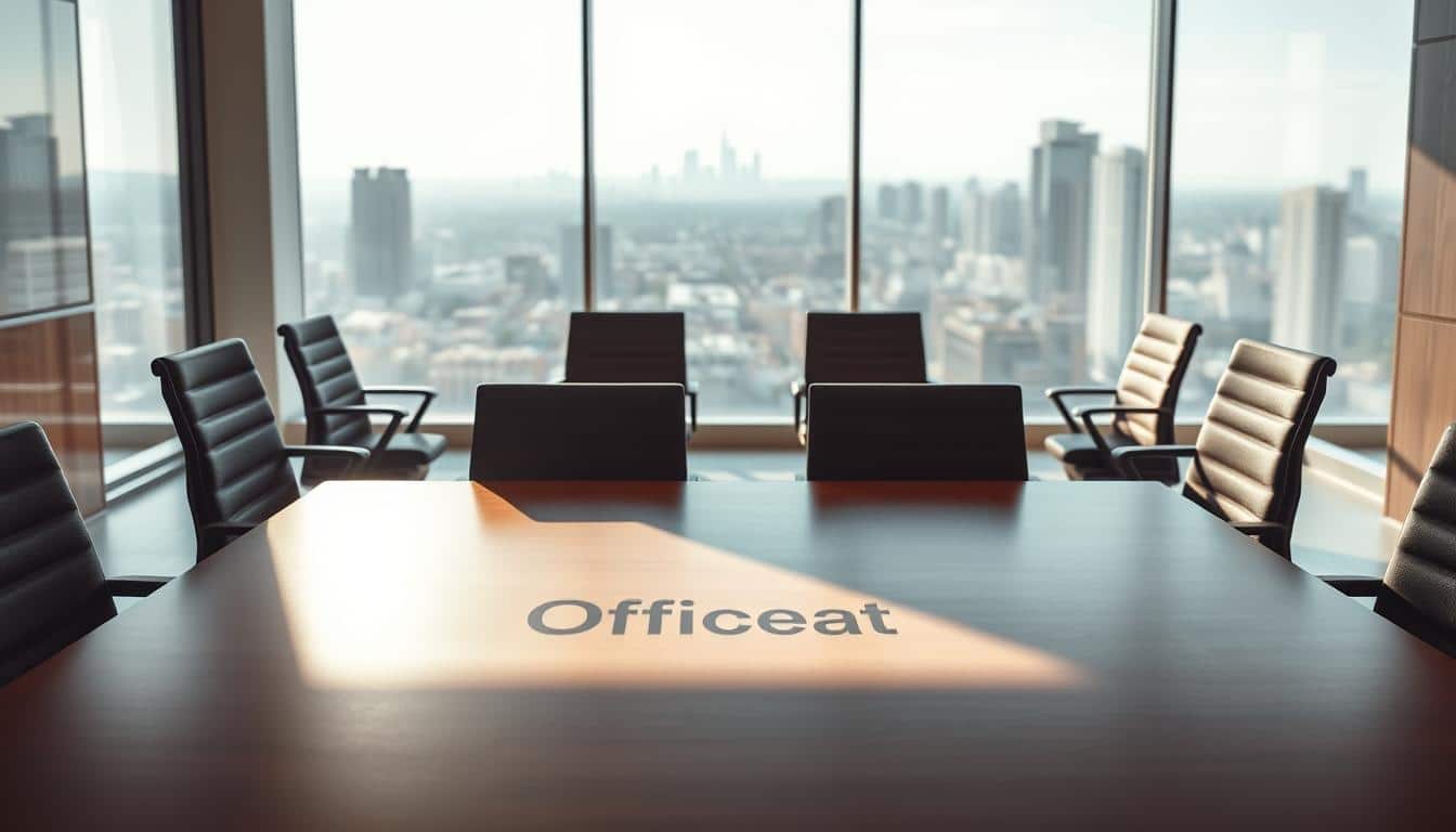A modern and elegant conference table set in a well-lit, spacious office environment. The table has a sleek, square silhouette with a smooth, polished wooden surface. The lighting is soft and diffused, creating a warm, inviting atmosphere. In the foreground, the &amp;quot;Office Seat&amp;quot; brand logo casts a subtle shadow, adding a touch of branding. The middle ground features comfortable, ergonomic office chairs arranged around the table, suggesting a professional, productive setting. The background showcases floor-to-ceiling windows overlooking a picturesque urban landscape, providing a sense of openness and connection to the outside world.