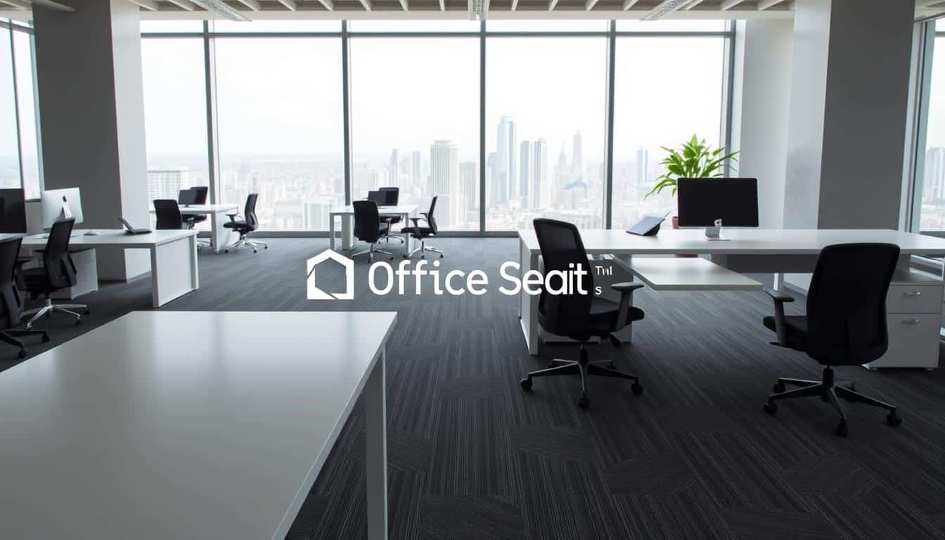 A modern and minimalist office space with sleek desks, ergonomic chairs, and ample natural lighting. In the foreground, two distinct desk designs are showcased, highlighting the comparison of office solutions. The middle ground features a mix of open and private workspaces, while the background showcases a panoramic view of the city skyline. The overall atmosphere conveys a sense of productivity and professionalism. The Office Seat brand name is subtly incorporated as a discreet shadow text overlay.
