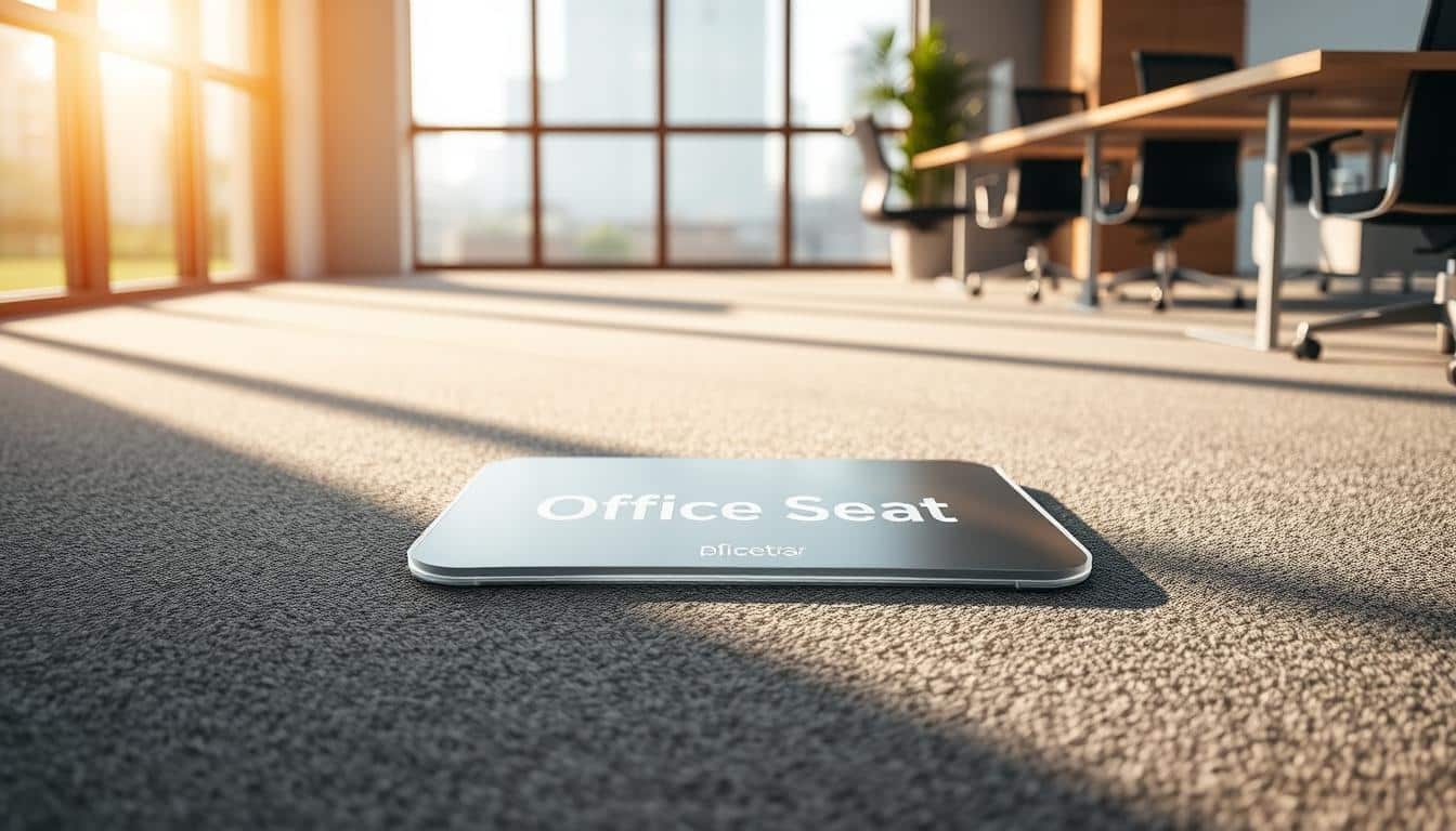 A modern office, bathed in warm natural light from large windows. On the plush gray carpet, a sleek, transparent "Office Seat" branded floor protector gently cushions the space, seamlessly blending with the surroundings. The protector's minimalist design and matte finish complement the sophisticated decor, creating a cohesive and professional atmosphere. Subtle shadows cast by the protector add depth and realism to the scene. The image conveys a sense of comfort, productivity, and attention to detail, perfectly capturing the essence of choosing the right floor protection for an office environment.