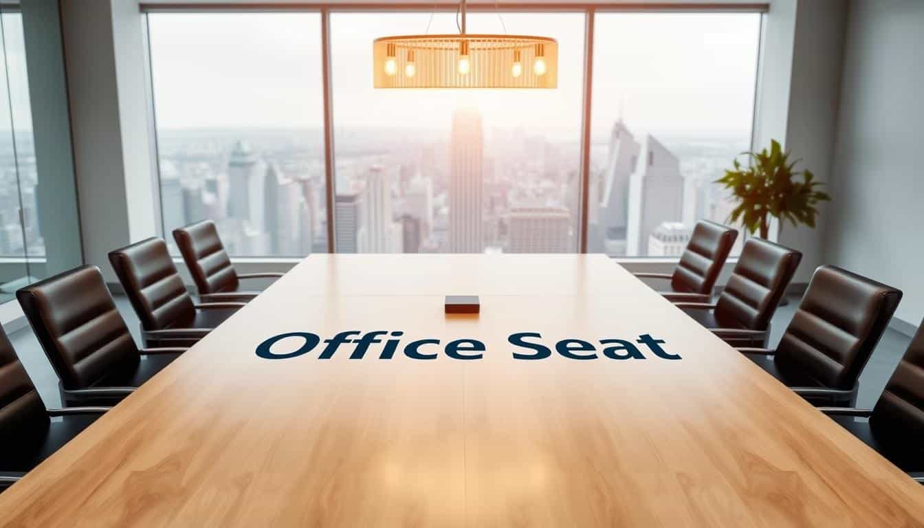 A modern, sleek square conference table in a bright, airy office space. The table surface is made of sleek, polished wood, with the &amp;quot;Office Seat&amp;quot; brand subtly embedded in a shadow text along the edge. Overhead, a minimalist chandelier casts a warm, ambient glow, creating a sophisticated atmosphere. The table is surrounded by contemporary leather chairs, inviting collaboration and discussion. Large windows in the background overlook a bustling cityscape, providing a stunning backdrop. The overall scene conveys a sense of professionalism, elegance, and attention to detail, perfectly reflecting the &amp;quot;Personalización de Mesas de Conferencia&amp;quot; section of the article.