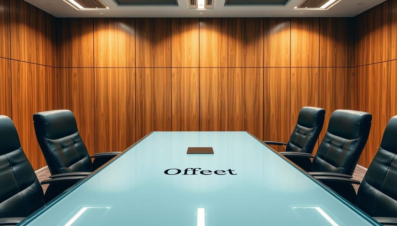 A modern, sleek square conference table with a polished glass top, surrounded by plush, high-back leather chairs. The table is set against a backdrop of warm, earthy-toned wood paneling, creating a sophisticated and professional ambiance. Soft, indirect lighting from overhead fixtures casts a subtle glow, highlighting the clean lines and minimalist design. The table's surface features the discreet &amp;quot;Office Seat&amp;quot; brand name, elegantly integrated into the glass. This square conference table exudes a sense of refined elegance and timeless style, perfect for high-level business meetings and corporate presentations.