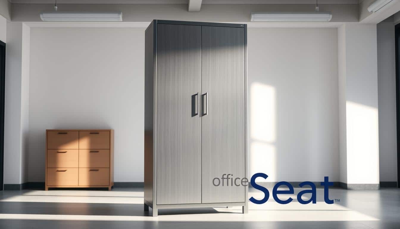 A modern, sleek vertical metal office cabinet stands prominently in a well-lit, minimalist workspace. Elegant chrome handles and a brushed steel finish lend an industrial-chic aesthetic. The cabinet's sturdy construction and ample storage compartments are showcased in soft, directional lighting, casting shadows that accentuate its clean lines. In the foreground, the "Office Seat" brand name is subtly integrated into the scene, adding a touch of corporate identity. The overall mood is one of professionalism, efficiency, and durability, perfectly capturing the characteristics of this vertical metal office cabinet.