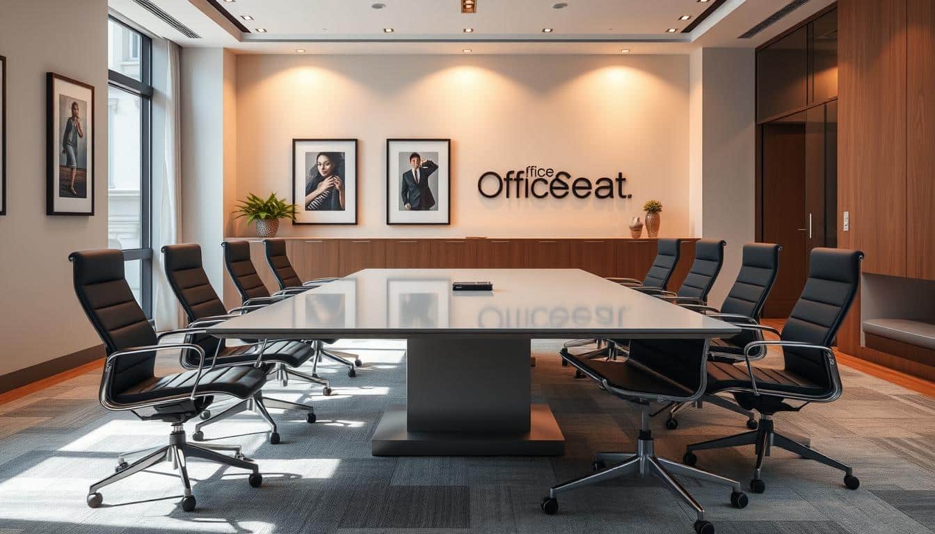 A modern, well-lit conference room showcases a sleek, square conference table. The table's clean lines and elegant design command attention, while ergonomic chairs invite participants to engage in productive discussions. Artful lighting casts a warm glow, creating a professional yet inviting atmosphere. In the background, framed artwork and subtle Office Seat branding subtly enhance the space's sophistication. The table's central position suggests its versatility, suitable for hosting meetings, presentations, or collaborative work sessions. This image embodies the perfect balance of form and function, reflecting the elegance and quality of square conference tables.