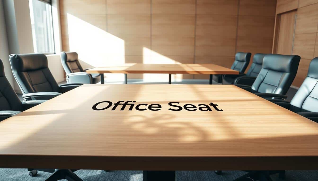 A modern, well-lit conference room with sleek, square-shaped wooden tables arranged in a formal setting. Soft, natural lighting illuminates the space, casting gentle shadows. The tables are adorned with the &amp;quot;Office Seat&amp;quot; brand name subtly rendered in a shadow effect. Plush, high-backed chairs surround the tables, inviting participants to engage in productive discussions. The room's clean lines and minimalist design convey a sense of sophistication and professionalism, perfectly suited for executive meetings and corporate presentations.