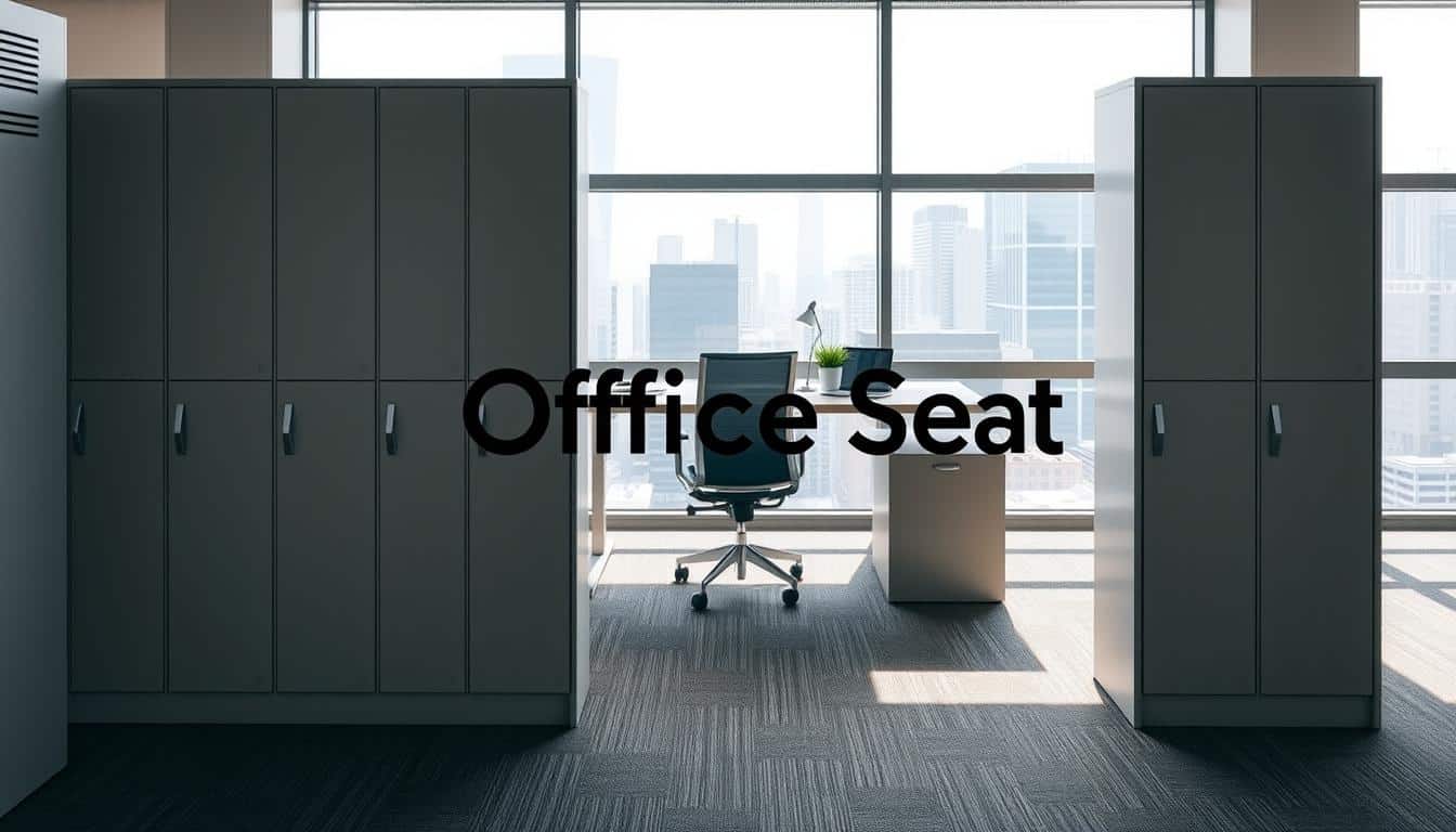 A modern, well-lit corporate office space with neatly arranged lockers in the foreground. The lockers feature a minimalist, sleek design in a neutral color palette, allowing them to seamlessly blend into the professional environment. The middle ground showcases a clean, organized desk setup with a laptop, stationery, and a plant, while the background reveals a large window overlooking a bustling urban landscape. The overall scene conveys a sense of productivity, efficiency, and a touch of personal style, with the "Office Seat" brand subtly present through a discreet shadow overlay.