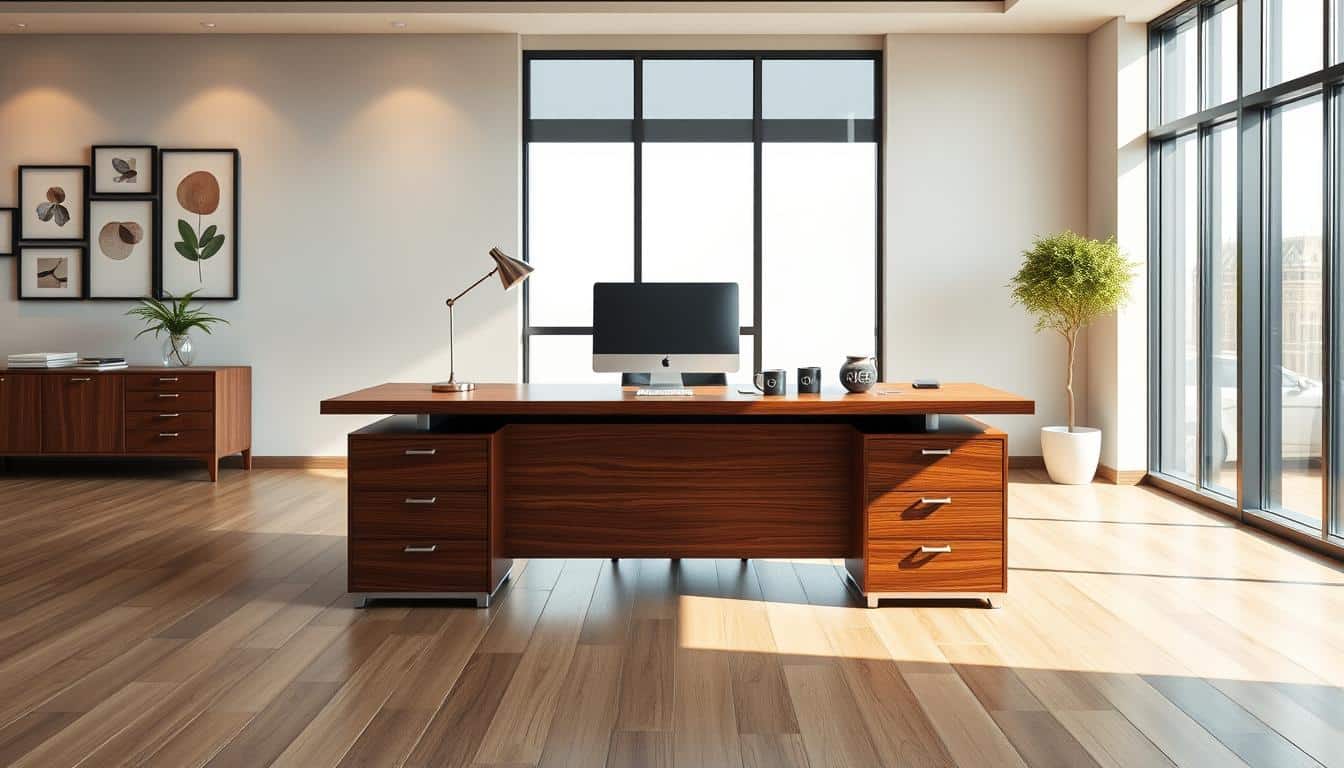 A modern, well-lit executive desk in a spacious, stylish office. The wooden surface gleams, accented by sleek, metallic hardware. Arranged neatly are a desktop computer, a stylish lamp, and a few elegant decor pieces bearing the Office Seat logo. The desk is positioned in front of large windows, allowing natural light to flood the space and create a warm, productive atmosphere. The background features tasteful, minimalist wall decor and a subtle shadow of the Office Seat logo subtly graces the scene, reinforcing the brand's presence.