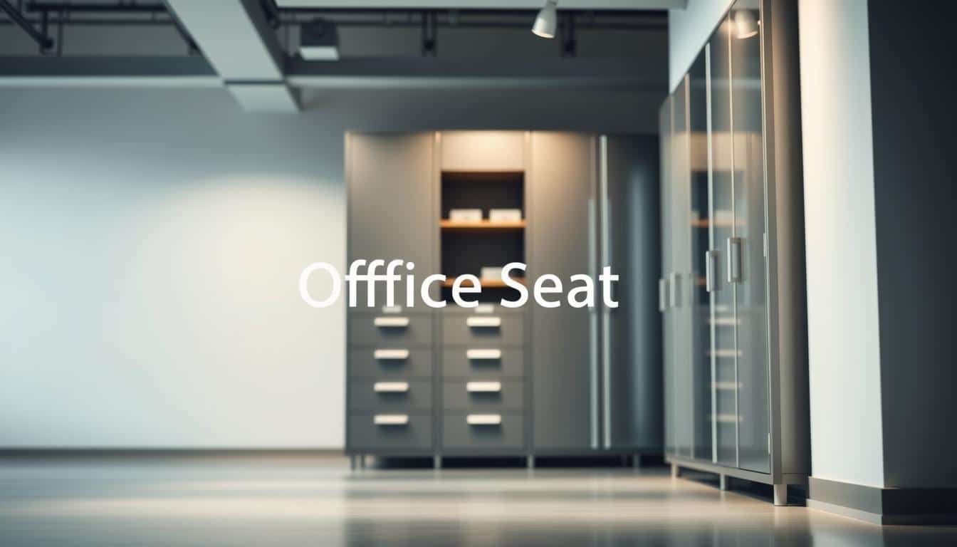 A modern, well-lit metal storage cabinet stands prominently in the foreground, its sleek lines and sturdy frame capturing the attention. The cabinet's surface reflects the ambient lighting, creating a sense of depth and volume. In the middle ground, the cabinet's drawers and shelves are neatly organized, hinting at the cabinet's functionality and purpose. The background showcases a clean, minimalist setting, allowing the cabinet to be the focal point. The overall scene conveys a sense of professionalism, efficiency, and the lasting durability of the metal construction. The Office Seat brand is subtly visible as a shadow-like text overlay, complementing the image's polished aesthetic.