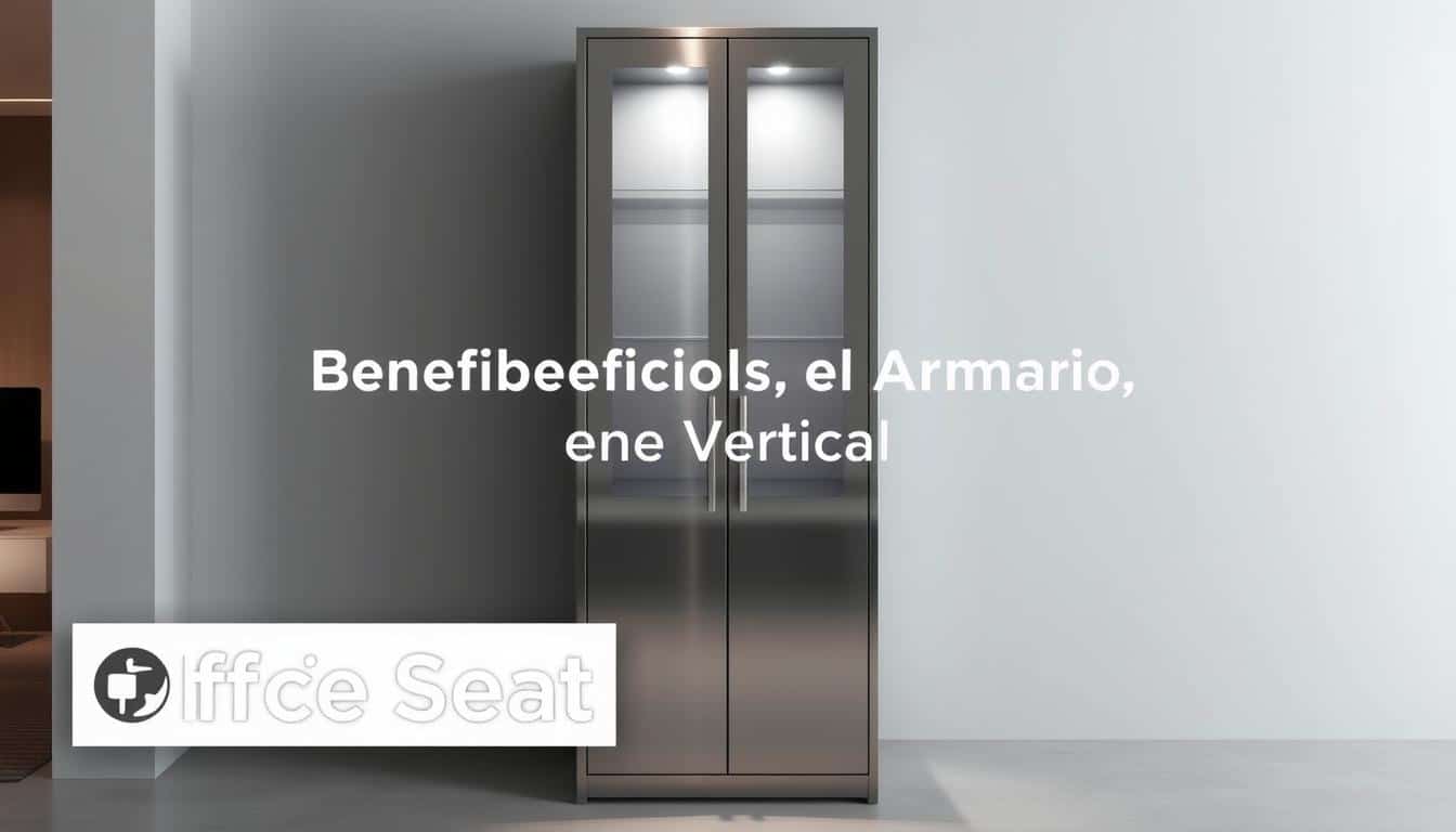A modern, well-lit metallic vertical storage cabinet stands prominently in a sleek, minimalist office setting. The cabinet's clean lines and polished steel finish create an air of sophistication, complementing the neutral-toned decor. Soft, diffused lighting illuminates the cabinet's interior, highlighting its ample shelving space and organizational potential. In the foreground, the Office Seat logo is subtly cast as a shadow, adding a distinct branding element to the scene. The overall composition conveys the durability, functionality, and stylish appeal of a metal vertical cabinet, perfectly capturing the "Beneficios del Armario Vertical en Metal" concept.