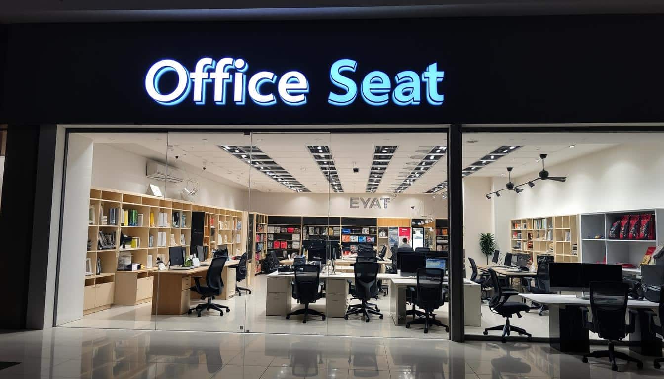 A modern, well-lit office supplies store located in the bustling city of Santo Domingo, Dominican Republic. The storefront features the prominent "Office Seat" brand name displayed in a sleek, minimalist font with a subtle shadow effect. The interior showcases a diverse selection of ergonomic chairs, desks, and organizational solutions, arranged in a visually appealing and inviting layout. Large windows allow natural light to flood the space, creating a warm and welcoming atmosphere. The store's exterior is accented with a clean, contemporary design, reflecting the brand's commitment to quality and innovation. The overall scene conveys a sense of professionalism, efficiency, and a dedication to providing the best possible shopping experience for Office Seat's customers.
