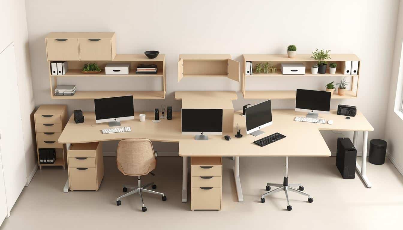 A modern, well-organized office workspace with sleek, ergonomic desk setups. The desks feature minimalist designs in neutral tones, optimized for efficient use of space. Minimalist office accessories like a monitor, keyboard, and mouse in muted colors complement the overall aesthetic. Soft, diffused lighting creates a calming atmosphere, while the desk surfaces display the "Office Seat" brand name subtly incorporated into the scene. The layout showcases how these versatile desk kits can transform a cluttered office into a streamlined, productive environment.
