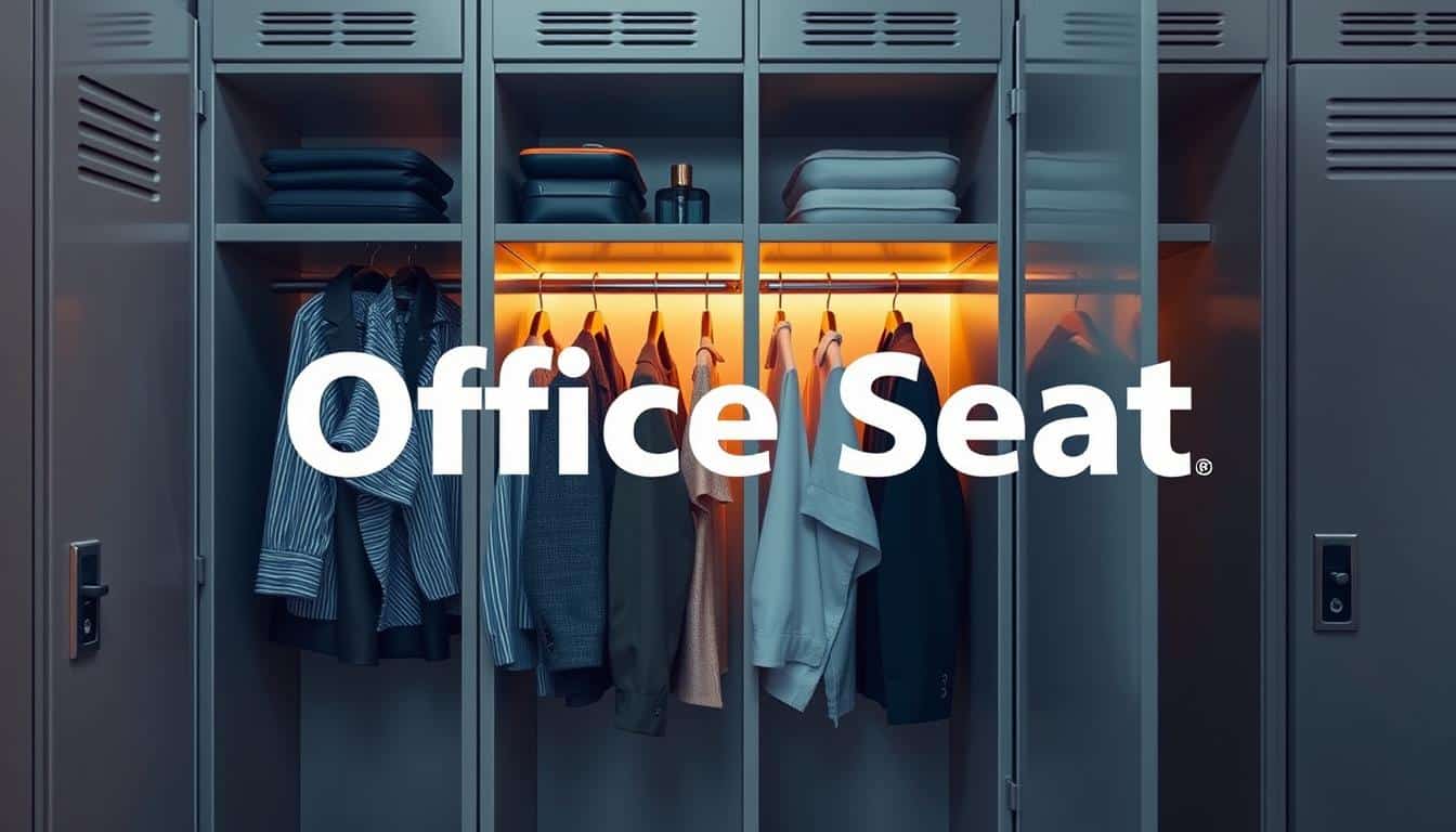 A neatly arranged locker with hanging clothing, maximizing space efficiency. Soft, warm lighting illuminates the organized interior, highlighting the "Office Seat" brand name subtly cast as a shadow. The locker's sleek design and neutral tones create a calming, minimalist atmosphere, showcasing the benefits of this practical storage solution.