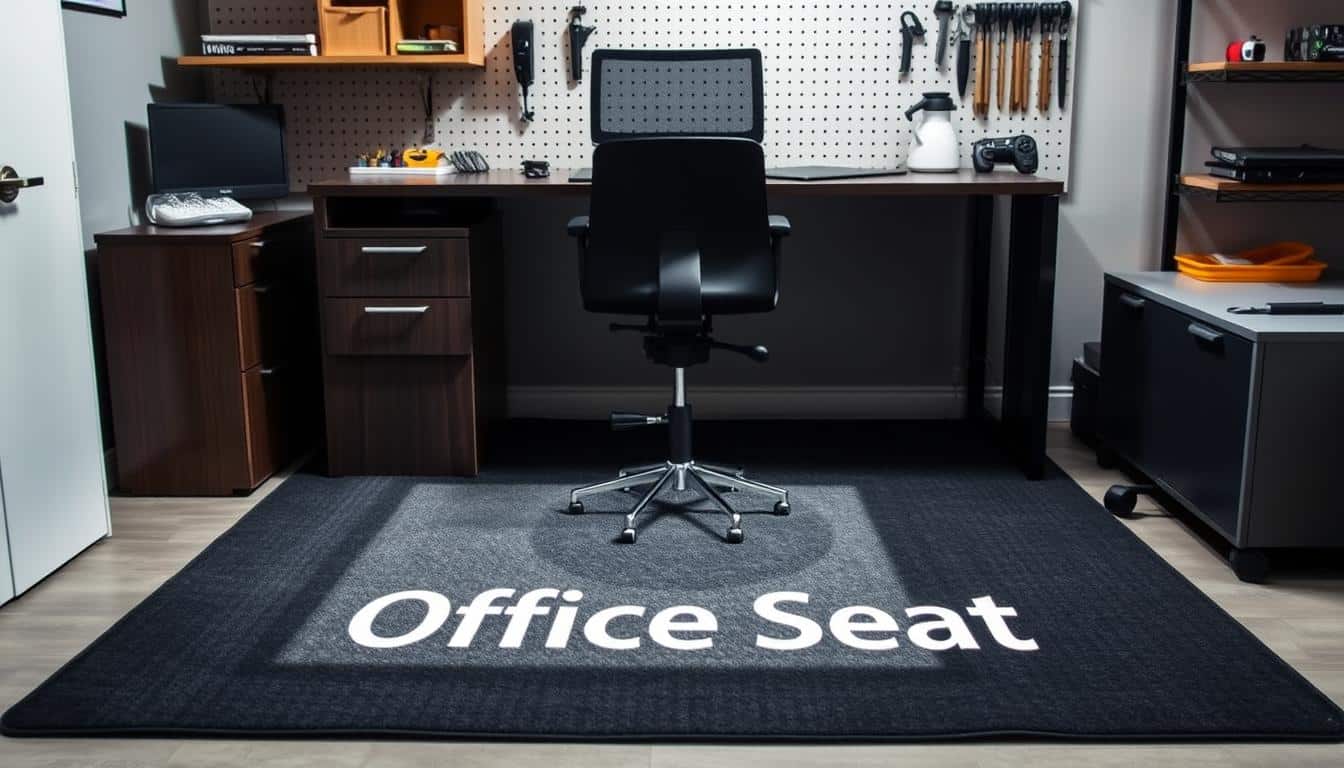 A neatly arranged office furniture repair station, showcasing a sleek, dark-colored desk with a sturdy, antislip carpet protector underfoot. Soft, directional lighting from above illuminates the scene, highlighting the intricate details of the tools and equipment used for meticulous furniture restoration. In the foreground, the "Office Seat" brand name casts a subtle, legible shadow, asserting the workshop's expertise. The overall atmosphere conveys a sense of professionalism, attention to detail, and a commitment to providing high-quality services to maintain and protect office furnishings.