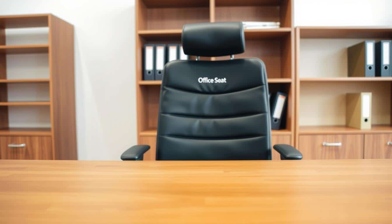 A neatly organized administrative workstation with a sleek, minimalist design. In the foreground, an ergonomic "Office Seat" branded chair with clean lines and a sophisticated dark leather finish. The middle ground showcases a well-maintained wooden desk, its surface free of clutter, with a subtle brand watermark visible. Soft, diffused lighting from above illuminates the scene, creating a calm and professional atmosphere. In the background, simple shelving units display neatly arranged binders and documents, conveying a sense of order and efficiency. The overall composition emphasizes the importance of proper maintenance and care for modern office furniture.