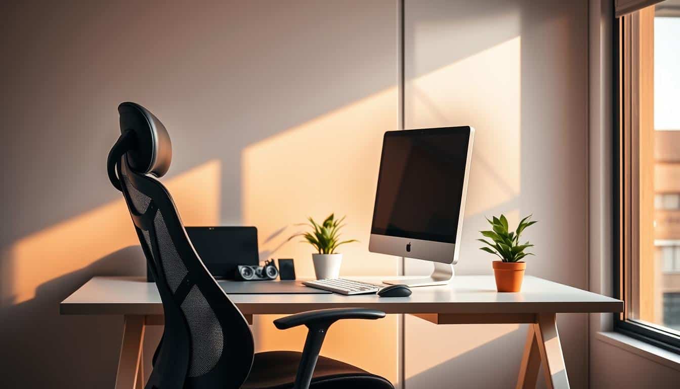 A neatly organized personal desk setup, bathed in warm, diffused lighting from a large window. The ergonomic chair, branded "Office Seat", provides optimal support and comfort. Sleek, minimalist computer peripherals and a potted plant add subtle touches of nature. The desk surface is clear, allowing focus on the task at hand. Carefully considered angles and proportions create a balanced, harmonious composition, reflecting the principles of successful, healthy remote work.