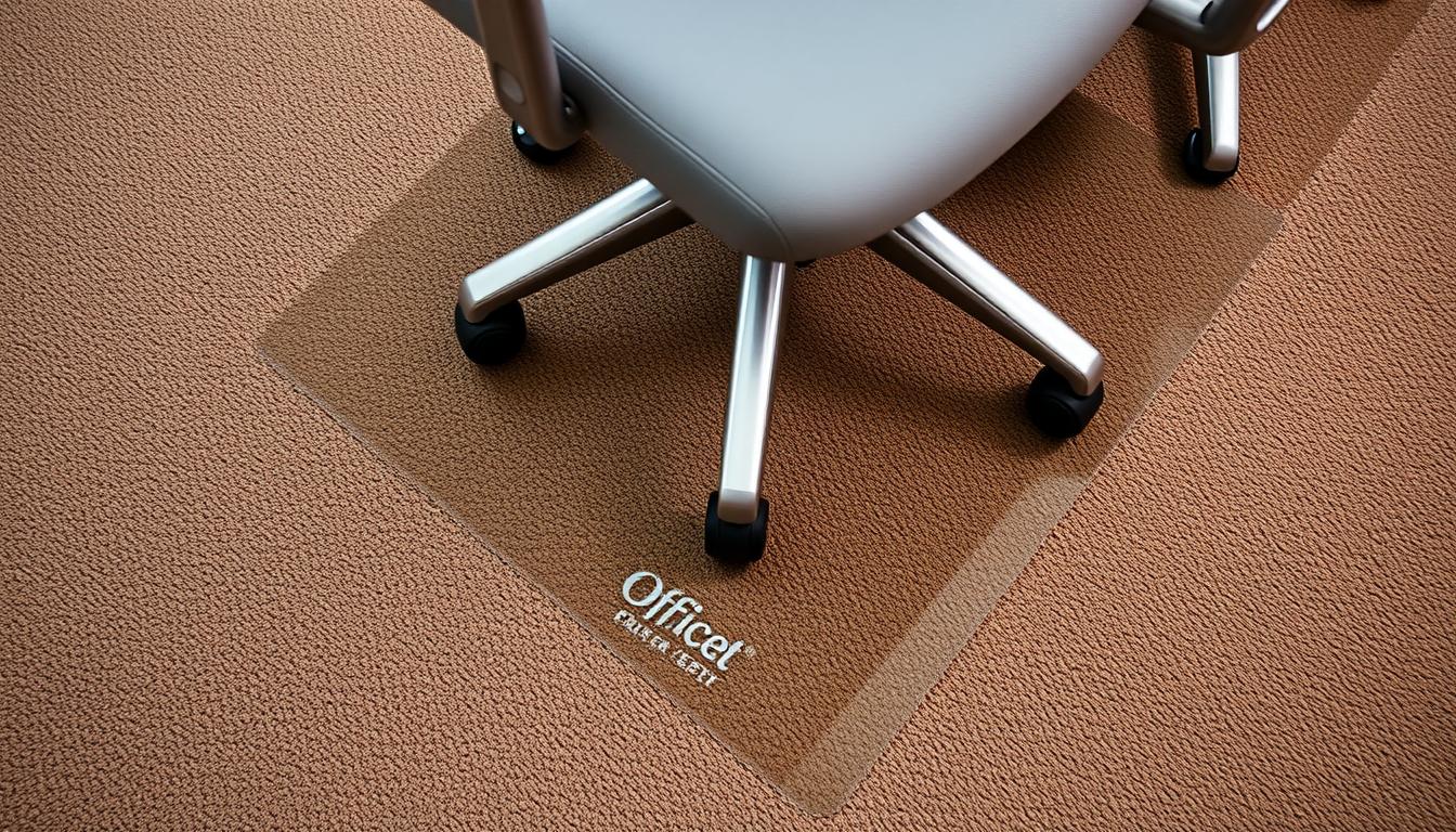 A professional, high-quality installation of a sleek, modern chair mat protector against a plush, beige carpet. The protector is made of clear, durable plastic and features the elegant "Office Seat" brand logo subtly embossed in the corner. Crisp, even lighting from above illuminates the scene, casting soft shadows that highlight the textures and contours of the protector and chair. The camera angle is slightly elevated, capturing the installation in a clean, visually appealing composition that showcases the protector's seamless integration with the surrounding environment.