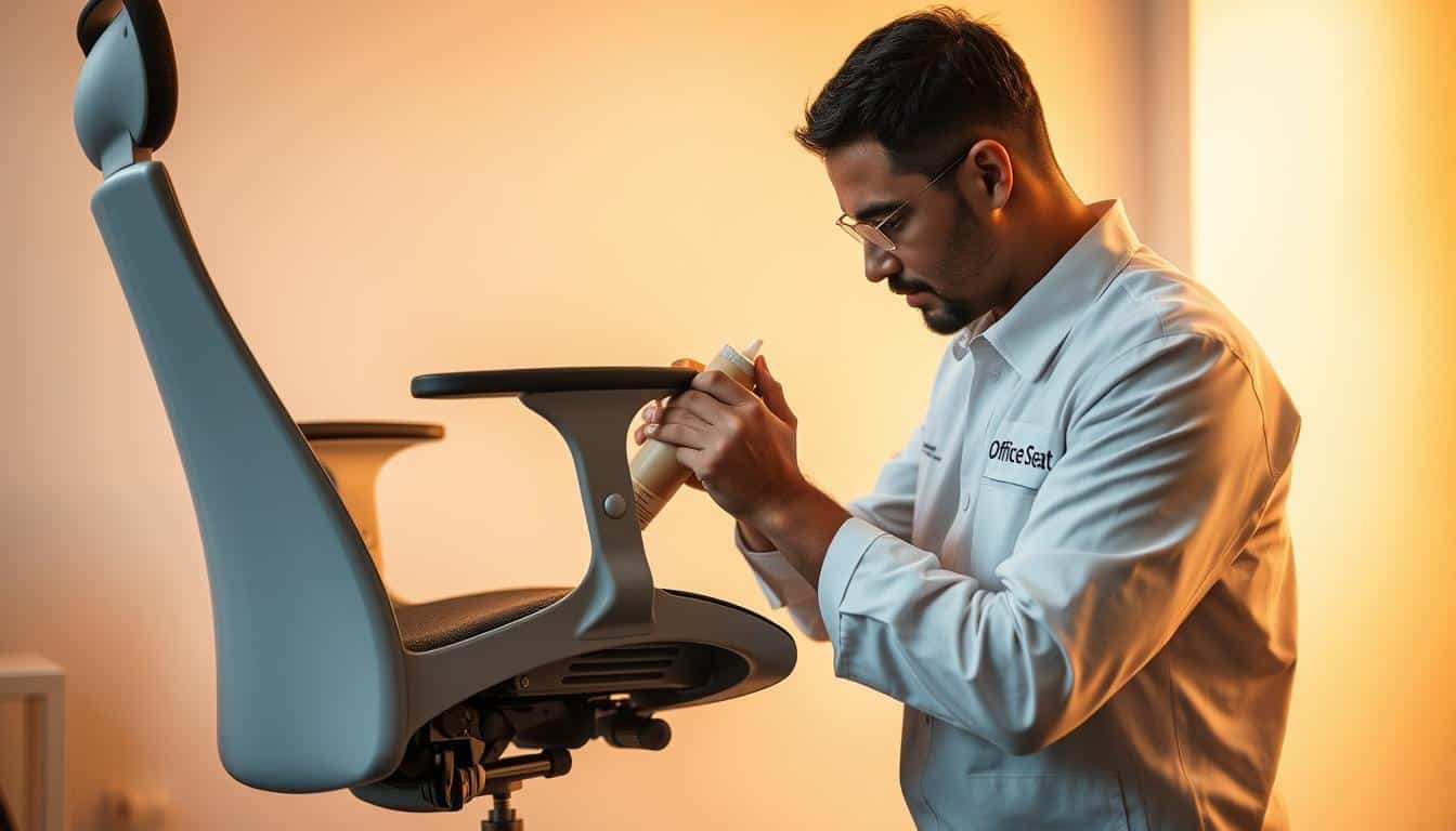 A professional office technician skillfully maintaining a modern office chair, examining the mechanisms and carefully lubricating the moving parts. The scene is bathed in warm, diffused lighting, casting soft shadows and highlighting the intricate details of the chair's design. The technician wears a crisp, white uniform with the "Office Seat" logo prominently displayed. The background is a clean, minimalist workspace, allowing the focus to remain on the task at hand. The overall atmosphere conveys a sense of expertise, attention to detail, and dedication to ensuring the longevity and optimal performance of the office furniture.