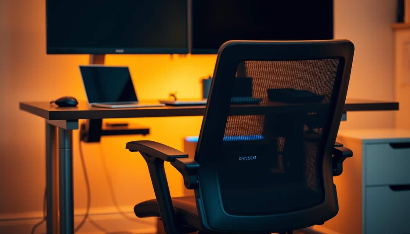 A sleek and modern computer workstation setup with a prominent Office Seat brand office chair in the foreground. The CPU tower is neatly tucked away under the desk, showcasing the clean and organized desktop space. Warm, indirect lighting creates a comfortable and professional atmosphere. The desk features a spacious work surface, a laptop, and essential office supplies. The background blurs softly, focusing attention on the efficient and ergonomic workstation design. The overall scene conveys the advantages of using a dedicated CPU stand to optimize office productivity and comfort.