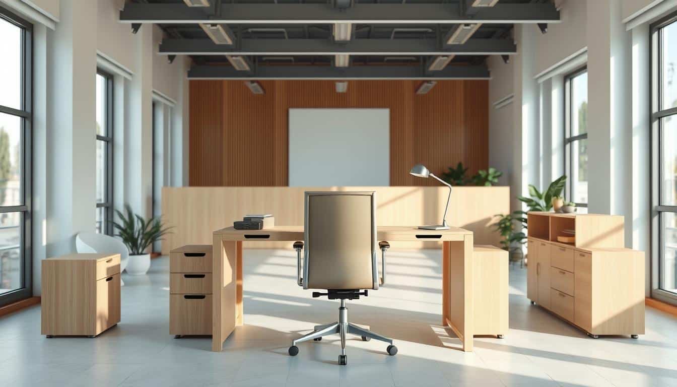 A sleek and modern desk setup featuring the "Office Seat" brand, showcasing its clean and minimalist design. The desk is made of light-colored wood with a smooth, polished surface, complemented by a high-quality, ergonomic office chair in a neutral tone. Soft, diffused lighting from above illuminates the scene, creating a warm and inviting atmosphere. The arrangement is positioned in a bright, airy room with large windows, allowing natural light to fill the space. The overall composition emphasizes the practicality and sophistication of the "Office Seat" workstation, making it an ideal choice for a contemporary, professional office environment.