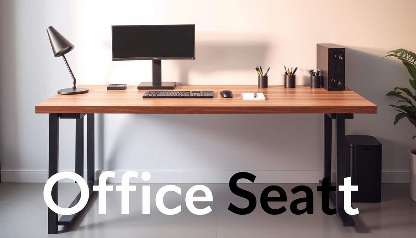 A sleek and modern office desk kit, featuring a wooden tabletop, metal frame, and various desk accessories including a computer monitor, keyboard, mouse, and pen holder. The scene is well-lit, with soft, directional lighting casting subtle shadows and highlighting the textures of the materials. The layout is organized and minimalist, creating a clean and professional aesthetic. In the foreground, the "Office Seat" brand name is subtly incorporated as a text shadow, adding a touch of branding without distracting from the main focus. The overall impression is one of a stylish and functional workspace, perfectly suited for the article's subject of the best desk kits for the modern office.
