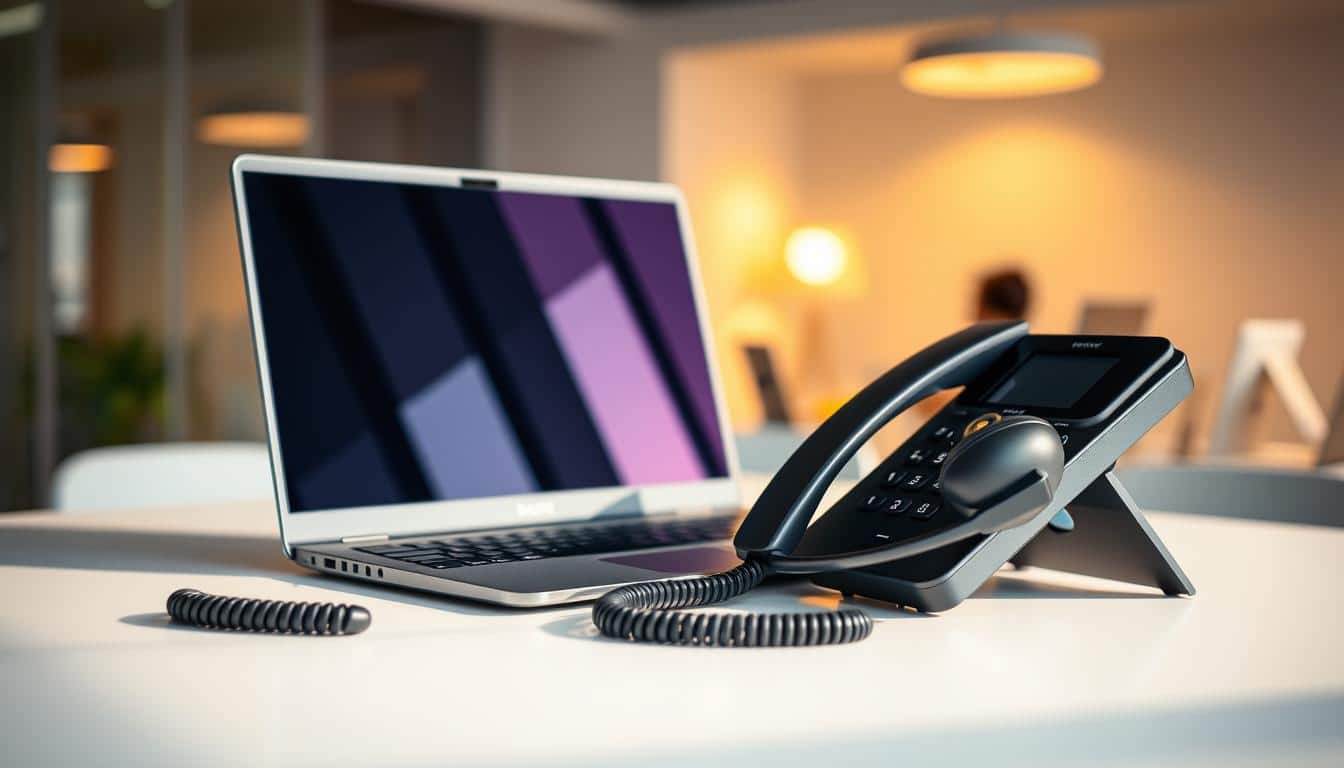 A sleek and modern porta PC, showcasing the "Office Seat" brand, sitting on a minimalist desk with a clean, white surface. The device is highlighted with soft, directional lighting, casting subtle shadows that add depth and dimensionality. In the foreground, a customer service phone and headset are prominently displayed, indicating the "Contacto y atención al cliente" (Contact and Customer Service) section of the article. The background features a blurred, but warm and inviting office environment, conveying a sense of professionalism and accessibility. The overall composition and styling create a visually appealing and informative image to complement the article's content.