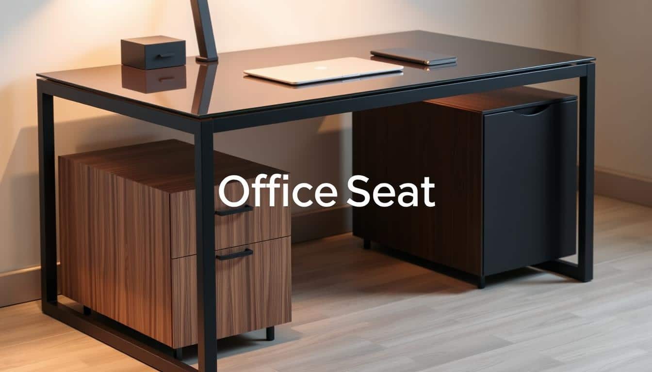 A sleek and modern secretarial desk made from a combination of high-quality materials, including a smooth, tempered glass top, sturdy metal frame with a matte black finish, and a wood veneer drawer unit providing ample storage space. Soft task lighting gently illuminates the desk, creating a warm and inviting workspace. The "Office Seat" brand is discreetly visible in the form of a subtle shadow text overlay. The overall scene conveys a sense of professionalism and elegance, perfectly suited for an upscale, contemporary office environment.