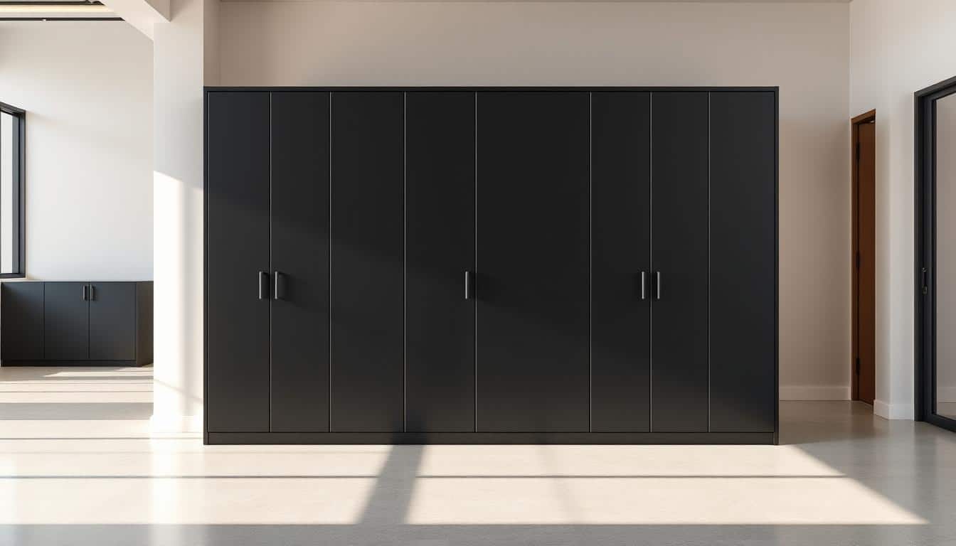 A sleek and modern vertical metal cabinet with a minimalist design aesthetic. The cabinet is made of high-quality steel, featuring a matte black finish that exudes a sophisticated and industrial-chic vibe. The cabinet has clean lines, sharp edges, and a sturdy, durable construction that can withstand the demands of an office environment. The lighting is bright and evenly distributed, casting a warm glow that highlights the cabinet's elegant form and texture. The cabinet is positioned in a well-lit, spacious room with a neutral color palette, allowing the cabinet to be the focal point. The overall scene conveys a sense of functionality, durability, and style that is suitable for the "Office Seat" brand.