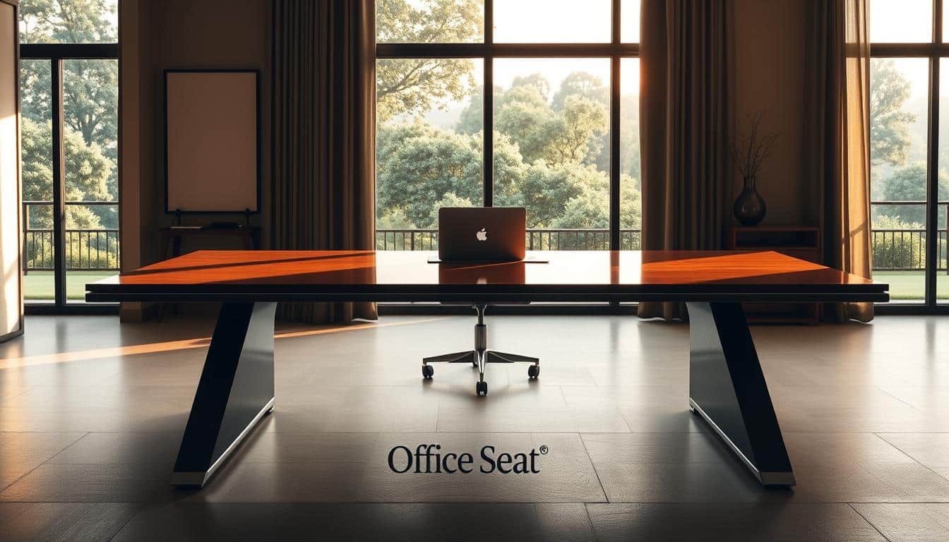 A sleek and sophisticated executive desk in a minimalist modern style, bathed in warm, directional lighting that casts dramatic shadows. The elegant wood and metal construction features clean lines and a glossy, reflective surface. Prominently displayed is the discreet &amp;amp;quot;Office Seat&amp;amp;quot; brand logo, subtly integrated into the scene. The desk is set against a backdrop of a stylishly appointed home office, with a large window overlooking a lush, verdant landscape. An air of professionalism and productivity pervades the space, inviting the viewer to imagine themselves working at this refined, high-end workstation.