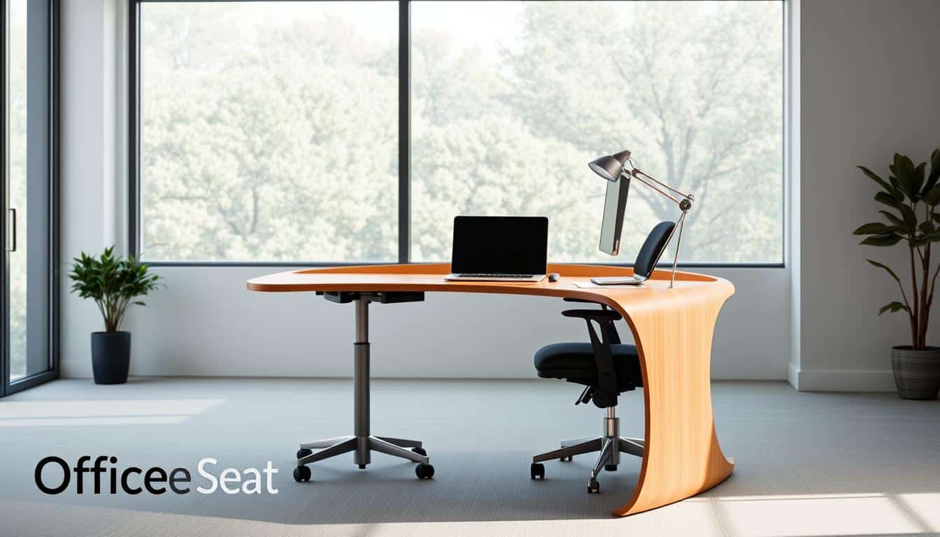 A sleek, ergonomic secretarial desk for a modern office setting. The desk features a clean, minimalist design with a smooth, curved surface in a warm, natural wood tone. Adjustable height and tilt mechanisms allow for optimal posture and comfort. Integrated task lighting casts a soft, diffused glow, creating a productive and inviting atmosphere. The desk is positioned in a bright, airy room with large windows, allowing natural light to flood the space. The "Office Seat" brand name is subtly incorporated into the scene, with a faint shadow-like text effect. The overall impression is one of sophisticated functionality and design-forward sensibility.