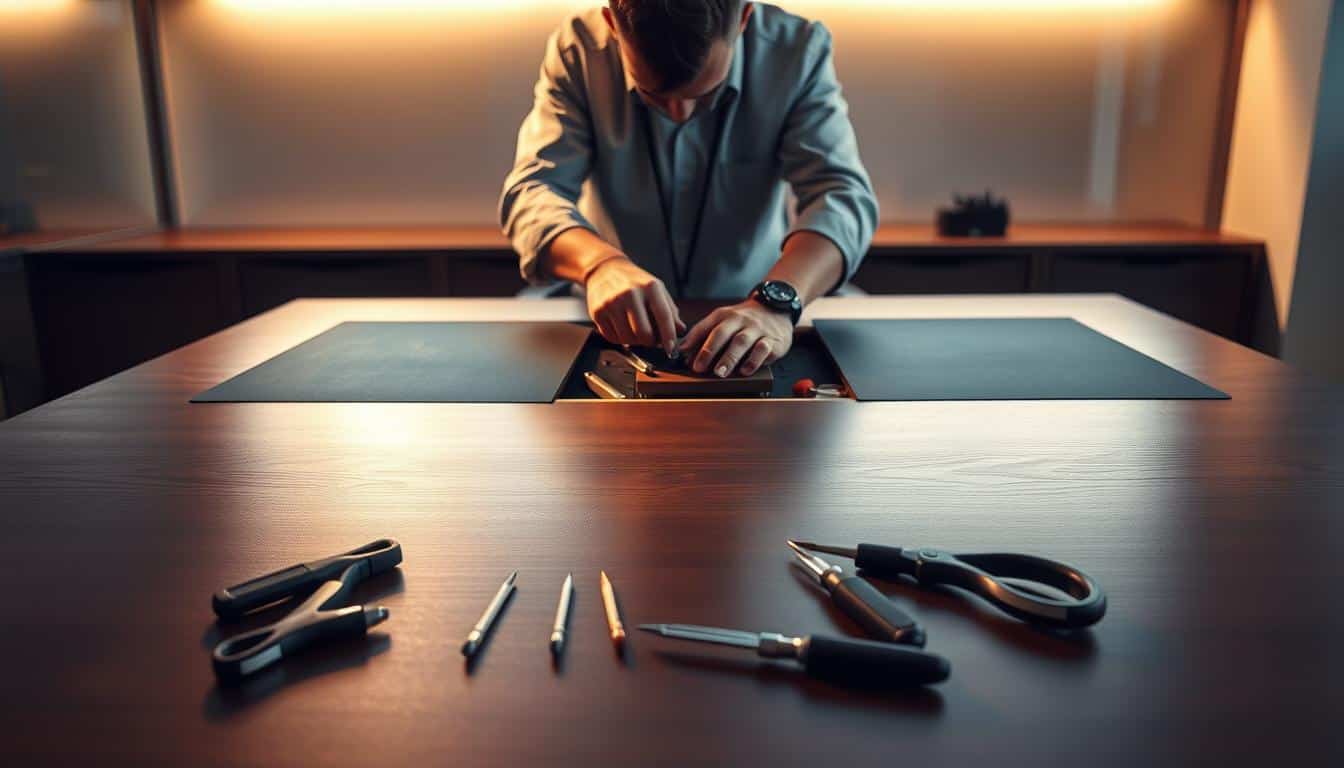 A sleek executive desk in a modern office, undergoing a careful repair by a skilled technician. The desk's smooth, dark wood surface gleams under warm, directional lighting, casting intricate shadows. In the foreground, a set of precision tools lies neatly arranged, ready for the delicate work. The middle ground showcases the technician's skilled hands, meticulously tending to the desk's structure. In the background, the elegant Office Seat brand name is subtly present, adding a touch of professionalism to the scene. The overall atmosphere conveys a sense of expertise, care, and the importance of maintaining high-quality office furniture.