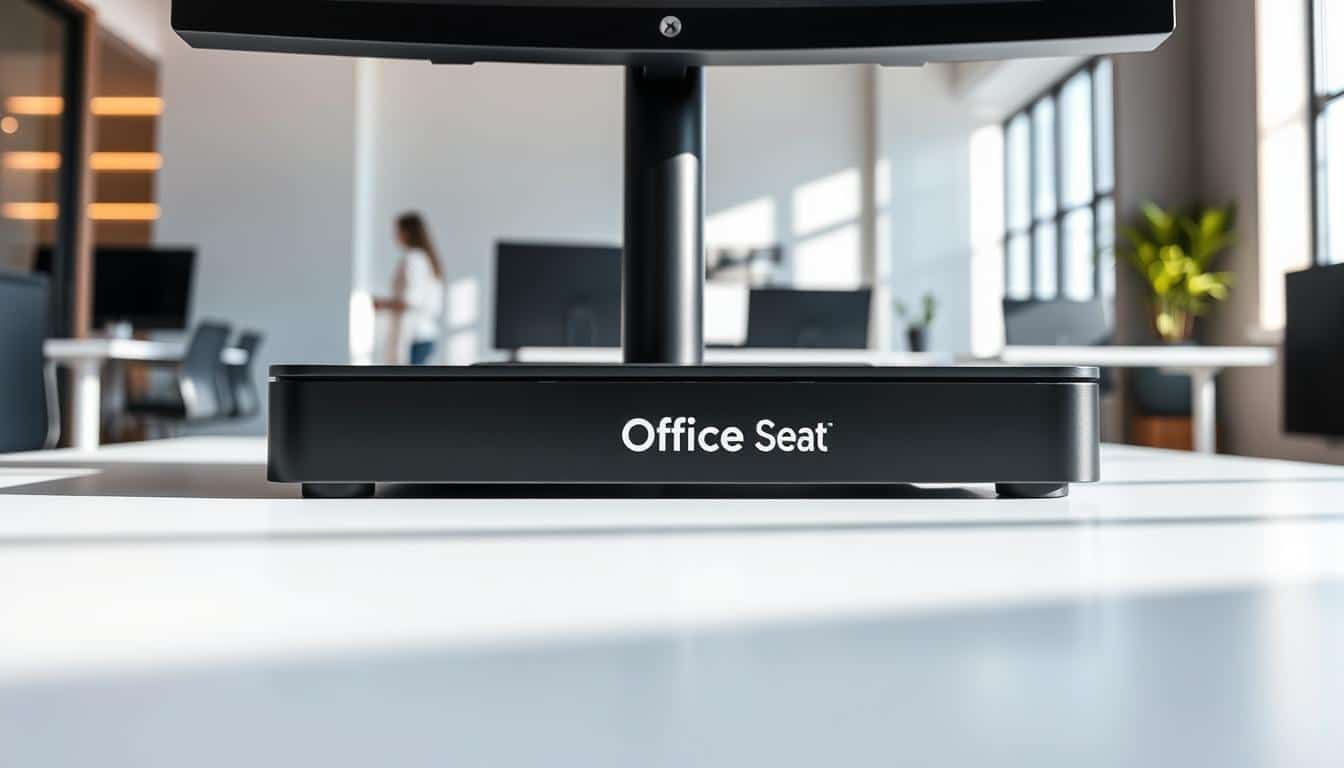 A sleek, minimalist base móvil para CPU showcased in a well-lit, modern office setting. The base, emblazoned with the "Office Seat" brand, features a streamlined, rectangular design with a matte black finish. It rests atop a clean, white surface, casting a subtle shadow that adds depth and dimension. The lighting is soft and diffused, creating a warm, inviting atmosphere that complements the professional, yet stylish aesthetic. The camera angle captures the base from a low, slightly elevated perspective, emphasizing its sturdy, practical construction and seamless integration into the office environment.