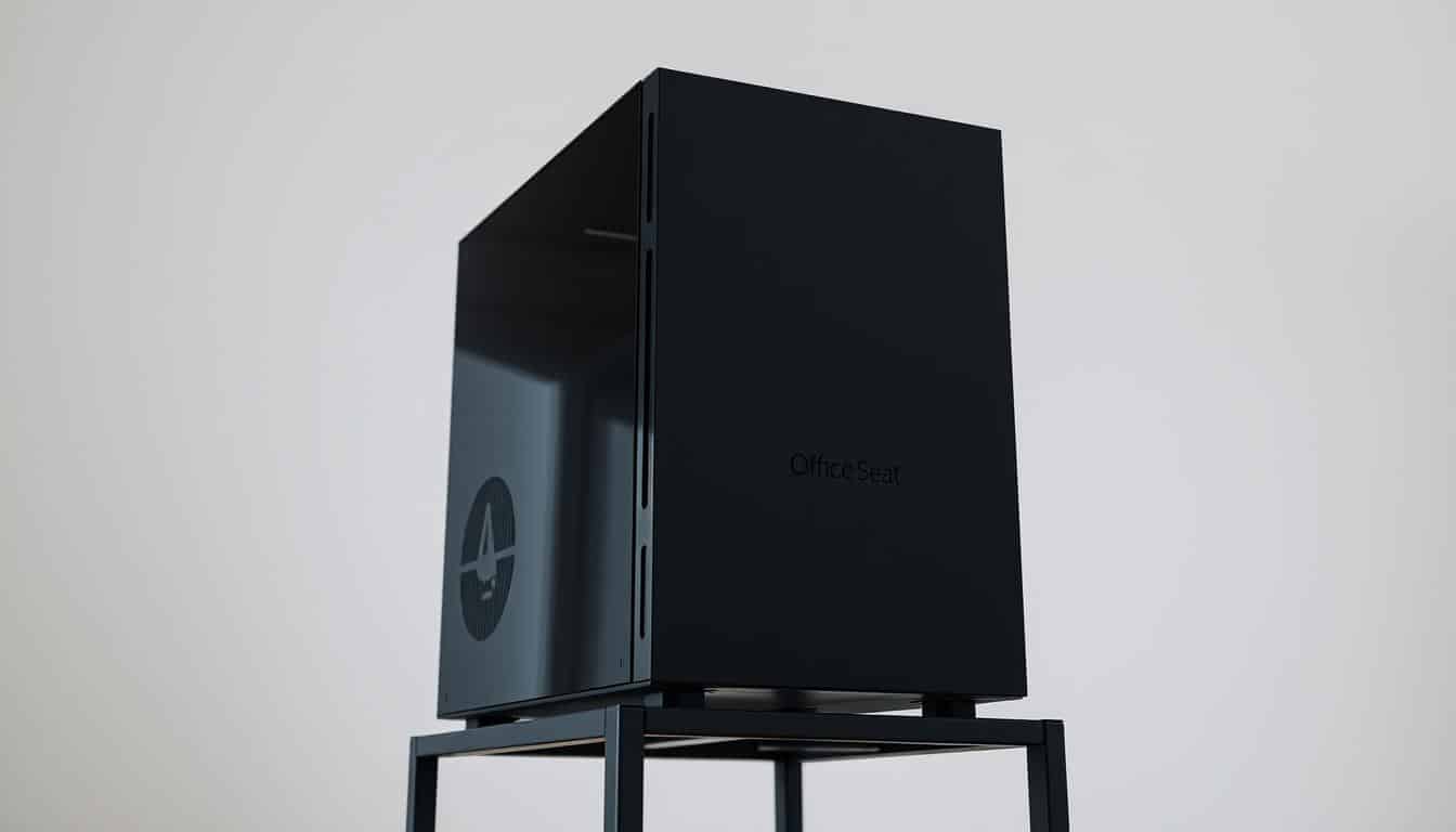 A sleek, minimalist black computer tower base with the "Office Seat" logo discreetly embossed on the front panel. The base is elevated on a sturdy metal frame, creating a clean, modern look. The lighting is soft and diffused, casting subtle shadows that accentuate the sharp edges and smooth surfaces. The camera angle is slightly elevated, showcasing the base's compact and efficient design. The background is a simple, neutral tone that allows the tower base to be the focal point, highlighting its function as a secure and stylish CPU enclosure.