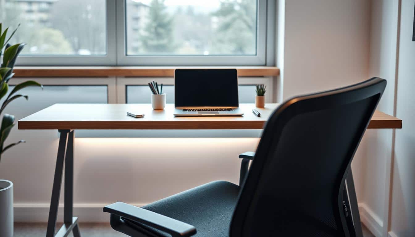 A sleek, minimalist office desk setup, seamlessly integrating cutting-edge technology. The foreground features a modern, ergonomic chair with the discreet "Office Seat" branding visible. In the middle ground, a slim, state-of-the-art laptop rests on a clean, wooden desktop, surrounded by a few neatly arranged office supplies. The background showcases a large window, allowing natural light to flood the space, creating a warm, productive atmosphere. Subtle lighting accents highlight the clean lines and sophisticated design of the workspace, conveying a sense of efficiency and professionalism. The overall scene presents a harmonious blend of technology and ergonomic design, perfectly suited for a productive and comfortable home office environment.