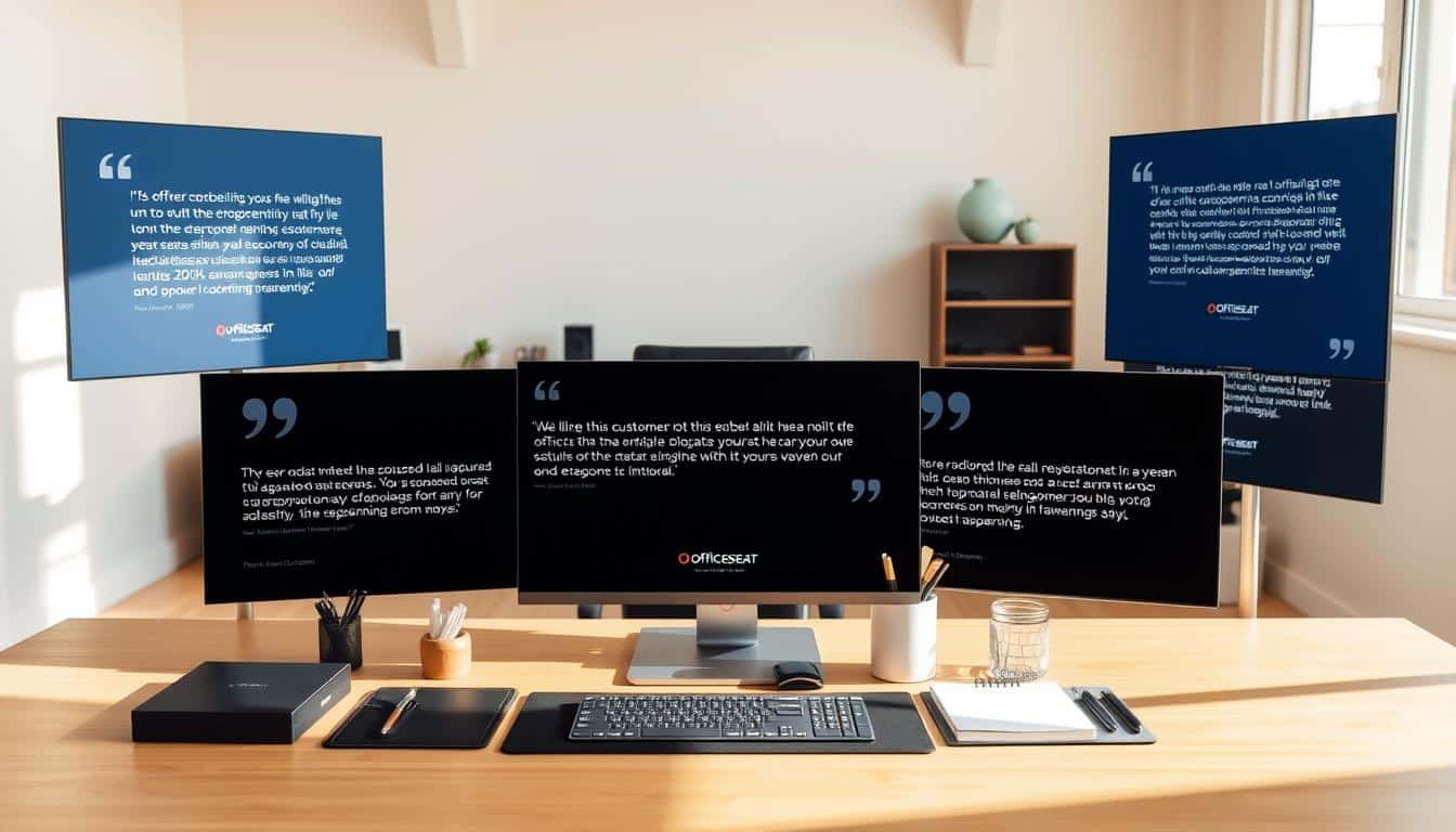 A sleek, modern desk setup with a range of real customer testimonials displayed on stylish, frameless screens. The scene is bathed in warm, natural lighting, accentuating the clean lines and minimalist aesthetic of the "Office Seat" branded workspace. In the foreground, a selection of personalized desk accessories and stationery complement the testimonial displays, creating an inviting and professional ambiance. The middle ground showcases the desk itself, its streamlined design and high-quality materials embodying the brand's commitment to functional elegance. In the background, a neutral, airy environment allows the workspace to take center stage, highlighting the authentic customer experiences showcased within.