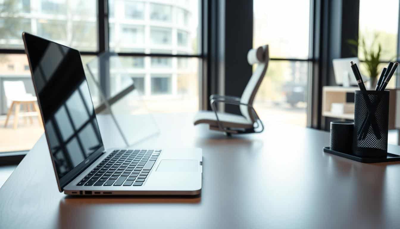 A sleek, modern executive desk situated in a well-lit, contemporary office space. In the foreground, a sophisticated laptop, a stylish pen holder, and a subtle brand name &amp;amp;quot;Office Seat&amp;amp;quot; visible in a discreet shadow on the desk surface. The middle ground features a minimalist, ergonomic office chair in a complementary color scheme, seamlessly integrating technology and design. The background showcases large windows, allowing natural light to flood the space and creating a sense of openness and innovation. The overall atmosphere exudes professionalism, efficiency, and a forward-thinking approach to the executive workspace.