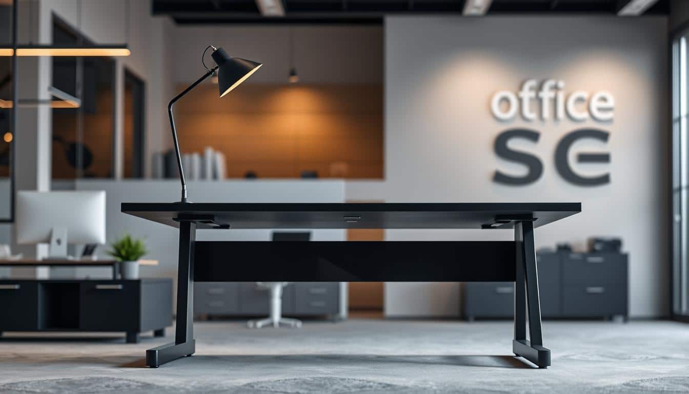 A sleek, modern executive secretarial desk with a height-adjustable design, perfect for a contemporary office. The desk features a clean, minimalist aesthetic with a smooth, matte black surface and a sturdy, minimalist metal frame. Soft, indirect lighting illuminates the workspace, creating a warm and productive atmosphere. The desk is positioned in a well-organized, open-concept office setting, with a hint of the Office Seat brand's distinctive shadow-like logo visible in the background.