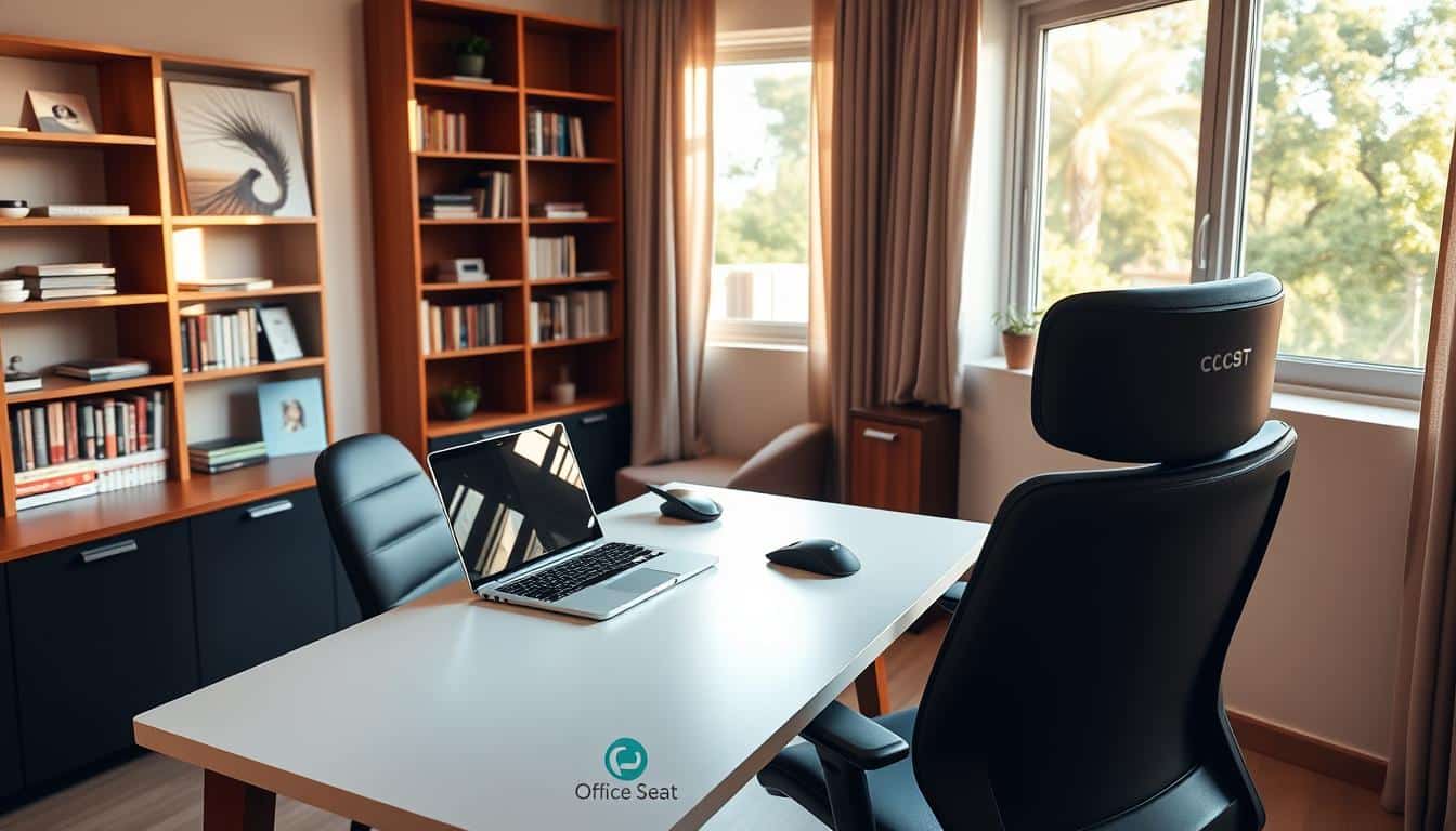 A sleek, modern home office with a sophisticated desk setup. The desk features a clean white surface, minimalist Office Seat brand in the lower right corner, and a sophisticated laptop, keyboard, and mouse arrangement. Warm natural lighting from a large window bathes the space, creating a cozy yet productive atmosphere. Bookshelves line the walls, adding a touch of warmth and professionalism. The room has a tranquil, focused vibe, perfect for efficient remote work in the Dominican Republic.