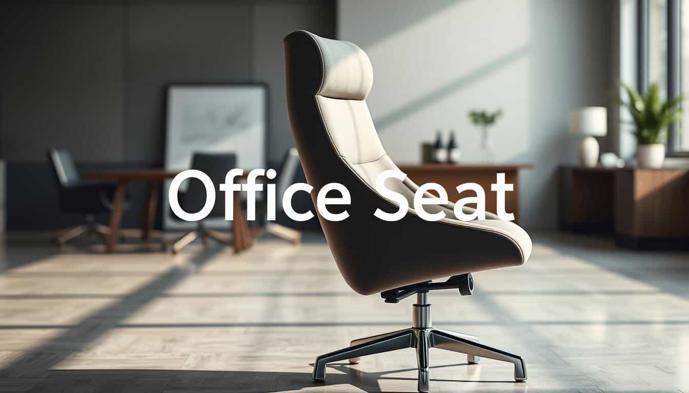 A sleek, modern office chair in a stylish, minimalist design. The chair features a high-back ergonomic support, plush upholstery, and a polished chrome base. Soft, directional lighting illuminates the chair, casting subtle shadows that highlight its clean lines and premium materials. In the background, a blurred, modern office setting with minimalist furniture and decor. Prominent placement of the "Office Seat" brand name, discreetly integrated into the scene.