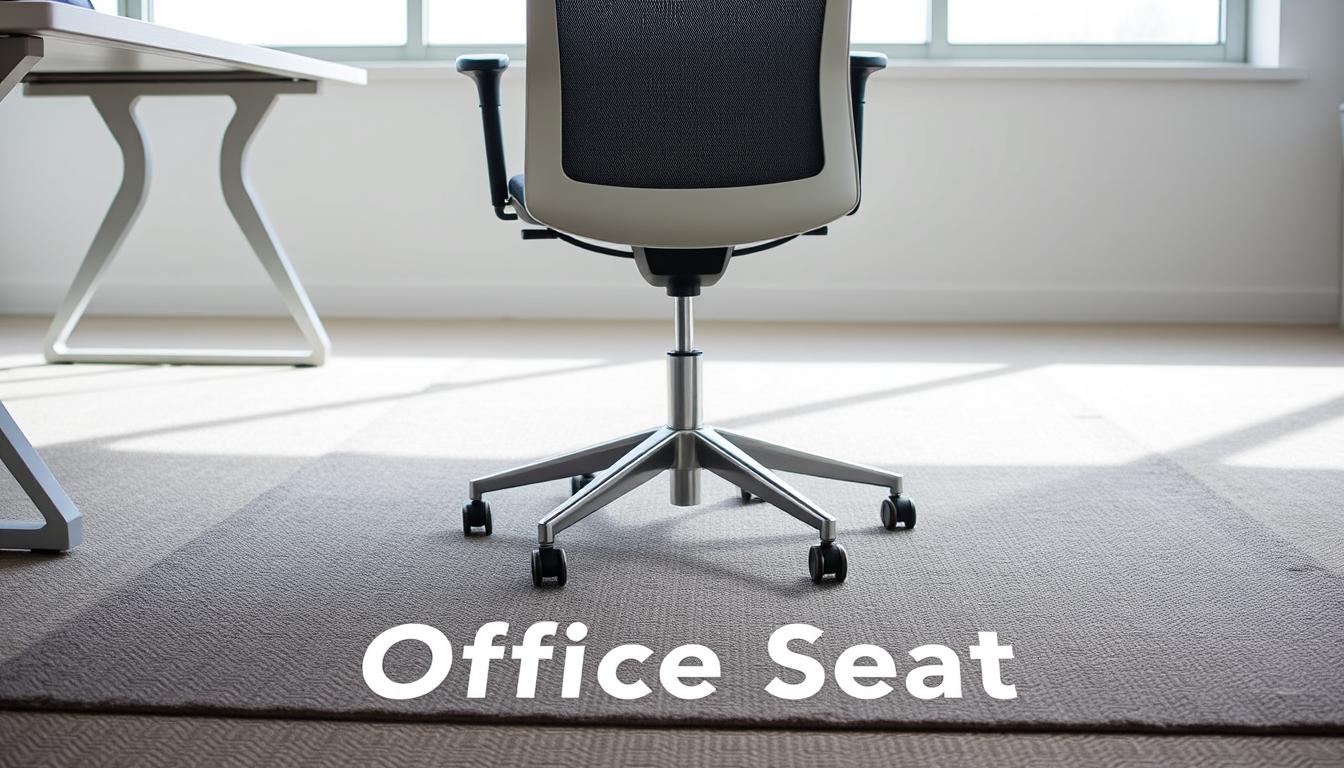 A sleek, modern office chair with a plush, protective carpet underneath, showcasing the "Office Seat" brand. The chair is positioned in a minimalist, well-lit workspace, with a large window in the background providing natural lighting. The carpet's pattern and texture are prominently displayed, highlighting its protective qualities. The overall scene conveys a sense of comfort, productivity, and attention to detail in creating an ergonomic and visually appealing workspace.