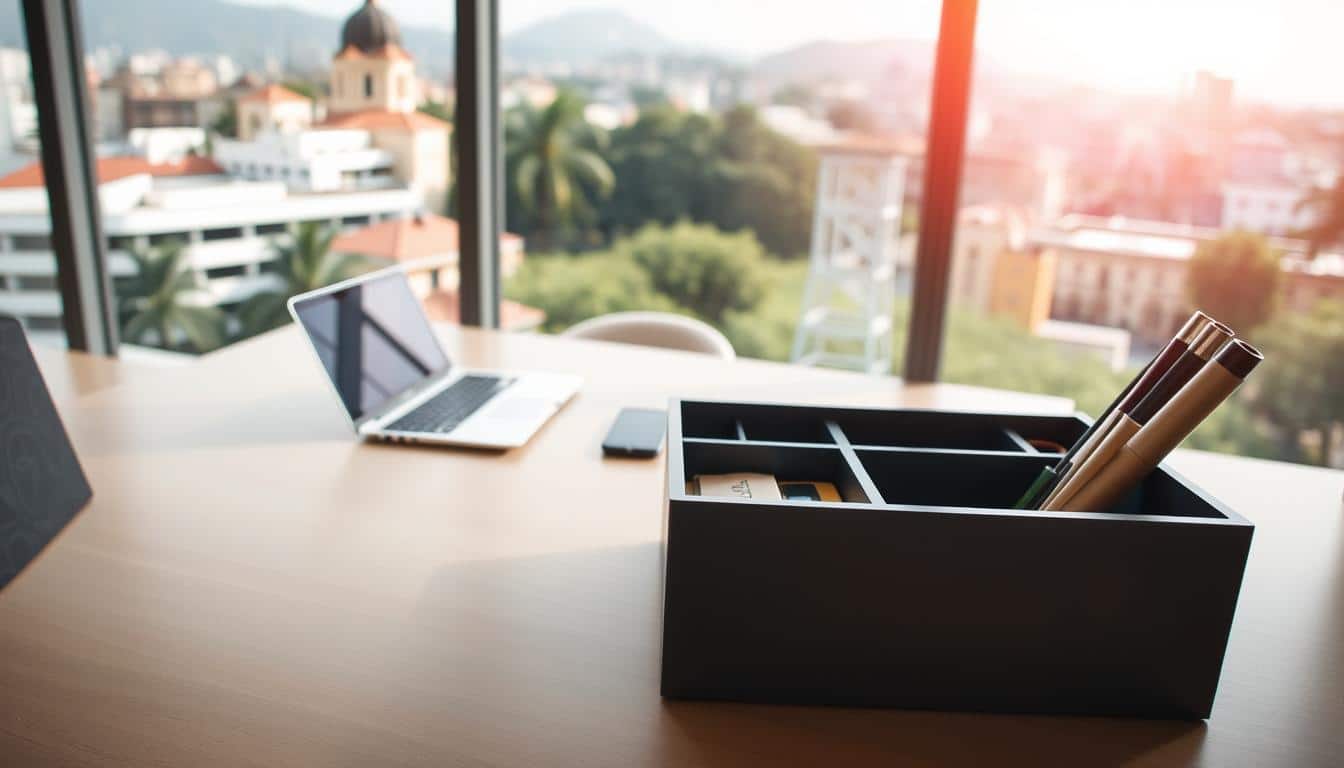 A sleek, modern office desk organizer setup in the heart of Santo Domingo, Dominican Republic. The foreground showcases the neatly arranged organizer, complete with trays, compartments, and the discreet "Office Seat" branding visible in a subtle shadow text overlay. The middle ground features a clean, minimalist desk surface with a laptop, stationery, and other work essentials. The background depicts the vibrant, sun-drenched cityscape of Santo Domingo, with its distinctive architecture and lush greenery. The lighting is soft and diffused, creating a warm, productive atmosphere. Captured with a wide-angle lens to emphasize the spatial harmony of the workspace.