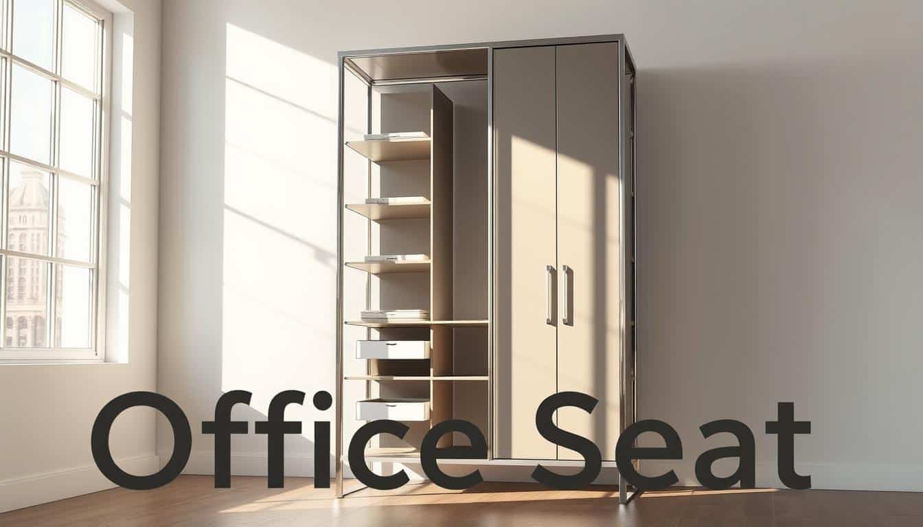 A sleek, modern vertical metal wardrobe stands in a bright, minimalist room. Sunlight streams through large windows, casting a warm glow on the polished steel frame and neatly arranged shelves. The wardrobe's clean, angular design is accented by subtle shadows, emphasizing its sturdy, high-quality construction. In the foreground, the Office Seat brand name is subtly visible, its text shadow blending seamlessly into the scene. The overall atmosphere conveys a sense of organization, functionality, and timeless style.