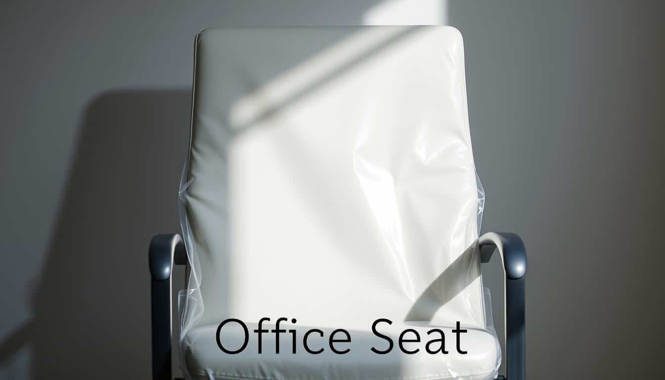 A sleek, transparent vinyl film covers a modern office chair, casting a subtle sheen across its surface. The film seamlessly blends with the chair's design, providing a protective barrier without detracting from its clean, minimalist aesthetic. Strategically placed shadows from the film create depth and dimension, highlighting the chair's contours. The scene is illuminated by soft, diffused lighting, creating a sense of refinement and professionalism. In the foreground, the "Office Seat" brand name is subtly visible, adding a touch of branding to the elegant composition.