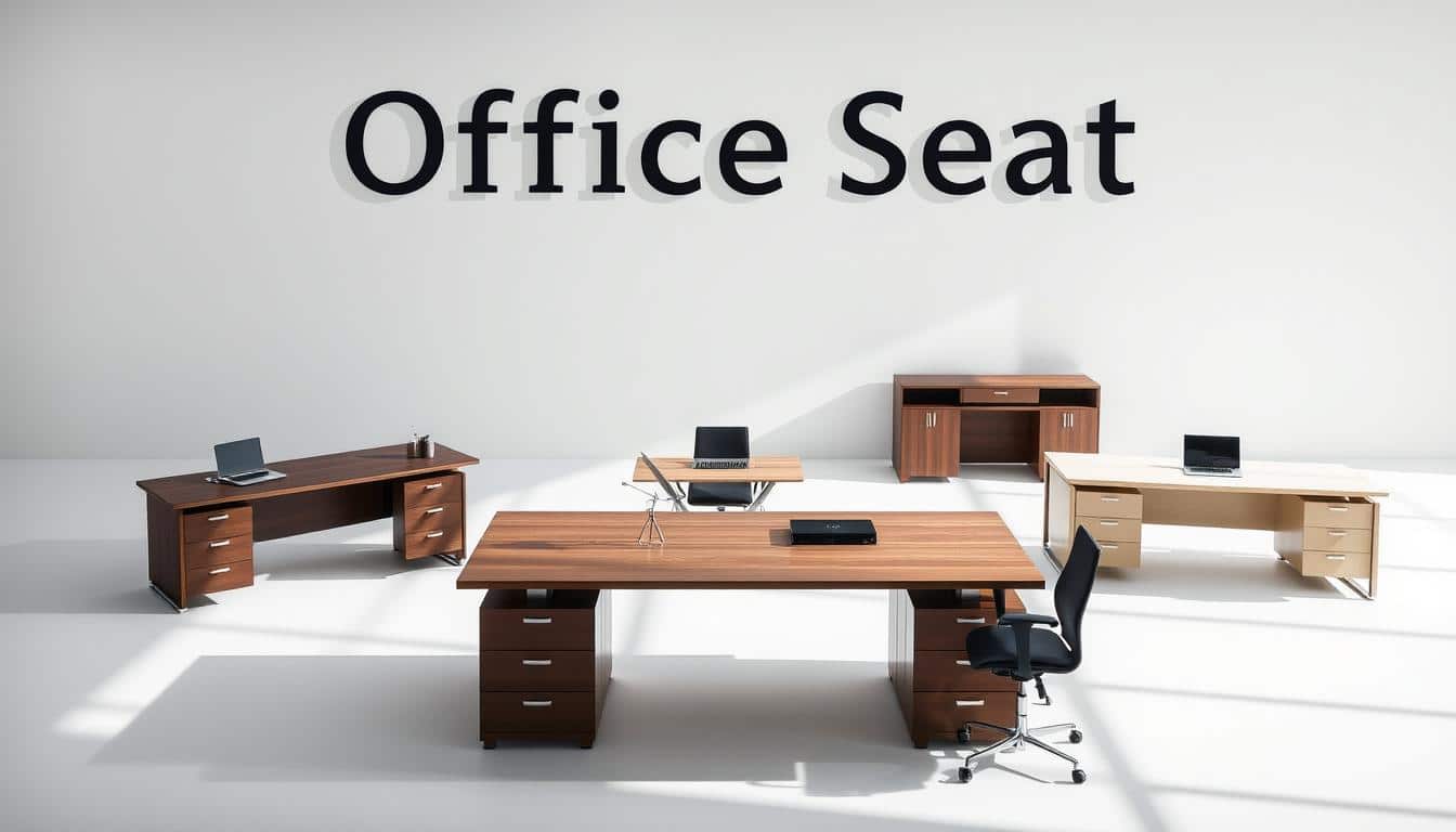 A stylish and contemporary selection of executive desks, showcasing a variety of sleek designs and premium materials. The scene features a well-lit, airy studio setting, highlighting the sophisticated craftsmanship and attention to detail of the desks. Subtle shadows cast by the Office Seat brand name add depth and a sense of premium quality. The desks are arranged in a visually appealing layout, allowing potential customers to envision the elegant and functional options available for their professional workspace.