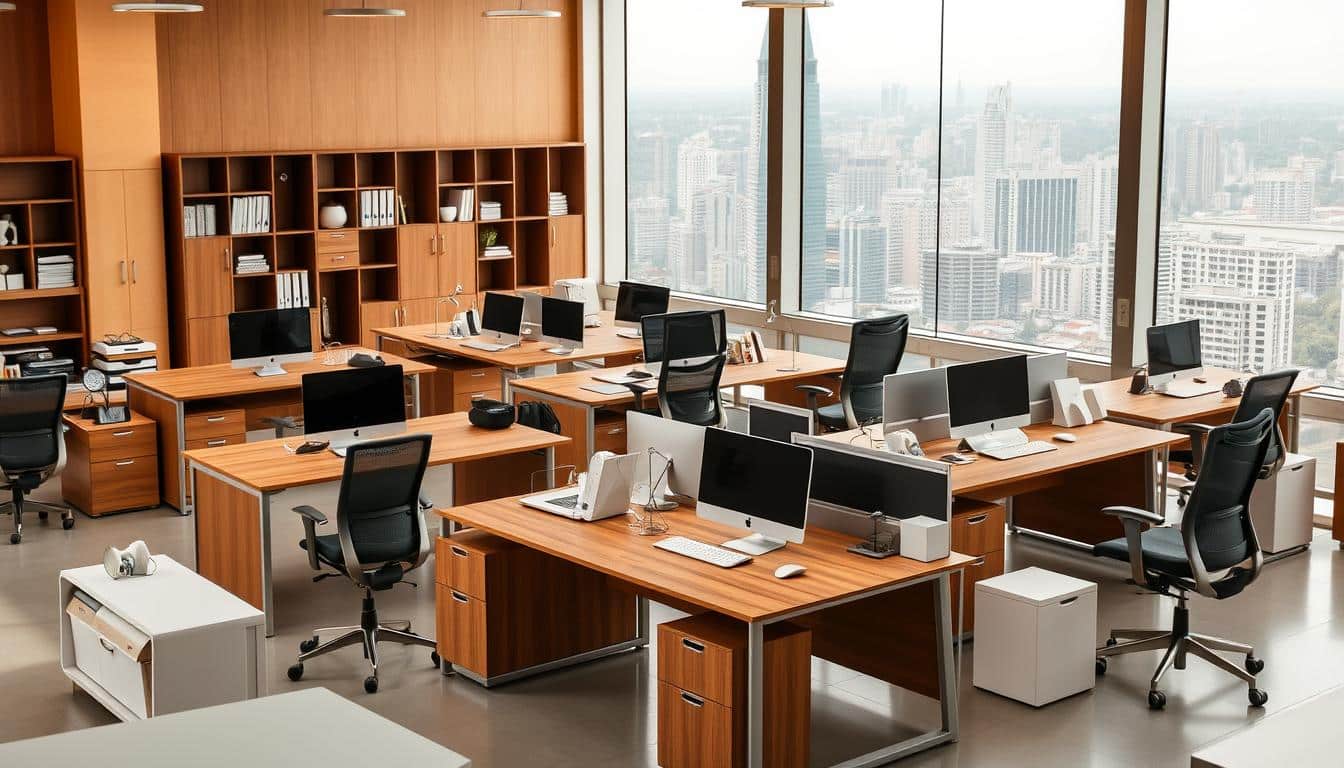 A vibrant workspace filled with popular desk kits from the thriving Dominican market. In the foreground, an array of modern, minimalist desk setups in sleek wood and metal finishes, complemented by ergonomic chairs and accessories bearing the "Office Seat" brand. The middle ground showcases a variety of storage solutions, organizers, and task lighting that cater to the diverse needs of the local office environment. The background depicts a bustling, cosmopolitan cityscape, hinting at the dynamic energy and entrepreneurial spirit of the Dominican Republic. Warm, natural lighting bathes the scene, creating a sense of productivity and professionalism. This image captures the essence of the most sought-after desk kits that dominate the popular Dominican market.