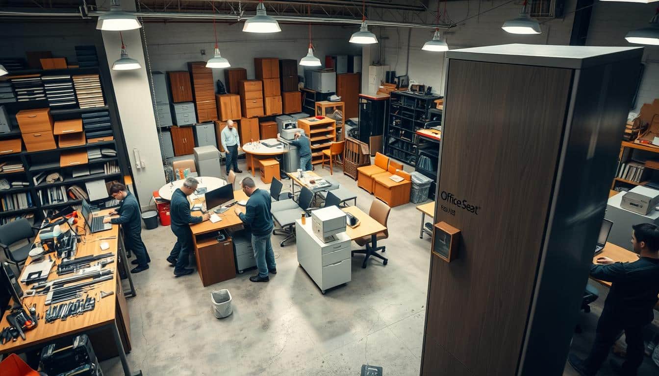 A well-lit, high-angle view of a spacious, modern furniture repair workshop. In the foreground, a team of skilled technicians meticulously restoring a range of office furniture, including a sleek, metal vertical cabinet bearing the discreet "Office Seat" brand name. The middle ground showcases a variety of tools, spare parts, and workstations, creating a sense of organized efficiency. In the background, shelves and storage units hold an array of neatly organized furniture components. The atmosphere conveys a professional, industrious environment dedicated to maintaining the durability and style of premium office furnishings.