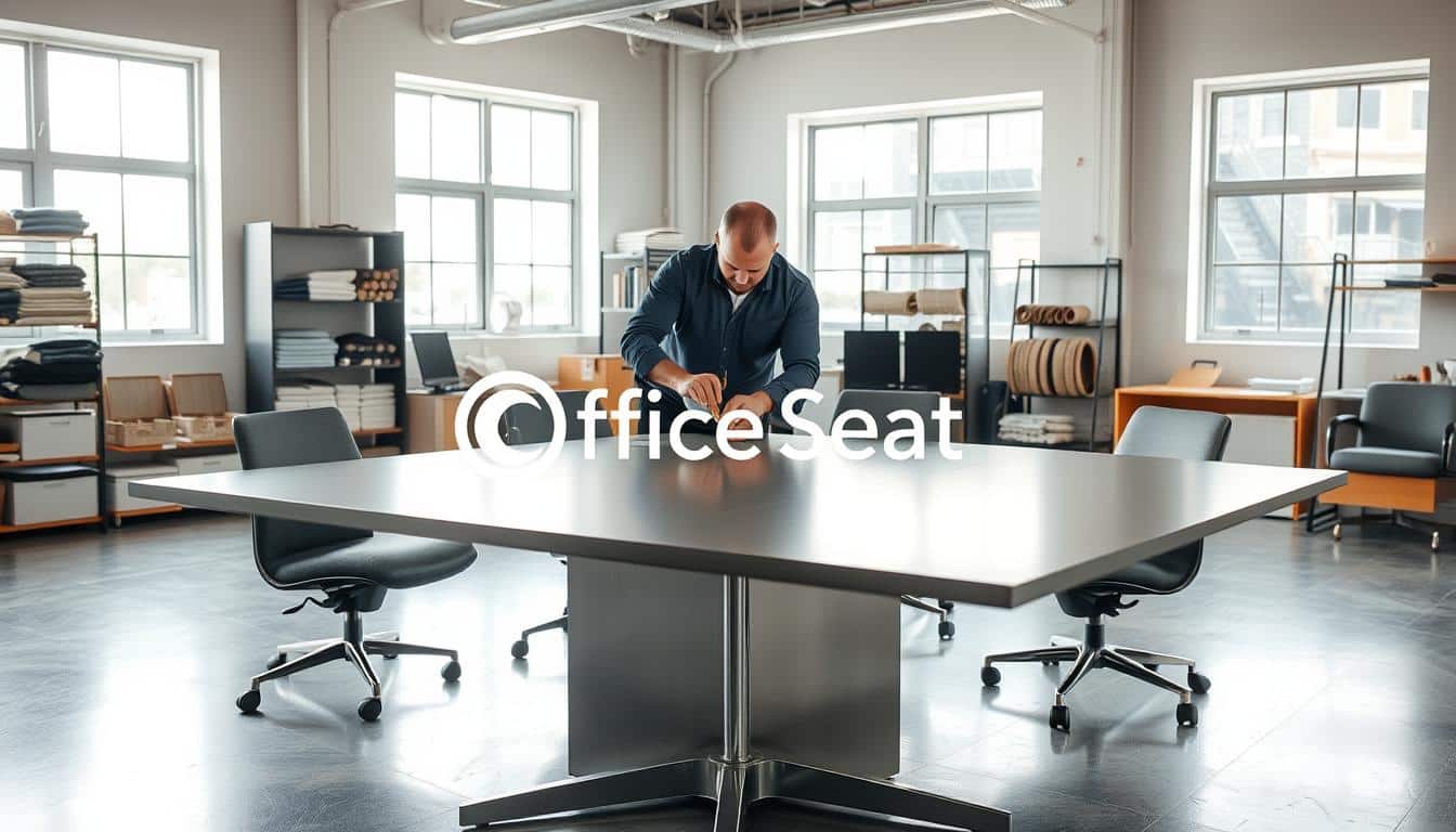 A well-lit, high-quality interior scene of a modern office furniture repair workshop. In the foreground, a technician carefully inspects and repairs a sleek, square conference table, using specialized tools and materials. The middle ground features neatly organized shelves of spare parts and upholstery fabrics, hinting at the wide range of services offered. In the background, large windows allow natural light to pour in, creating a bright and professional atmosphere. The &amp;quot;Office Seat&amp;quot; brand logo is prominently displayed in a subtle, shadowed text overlay, emphasizing the company's expertise and attention to detail.